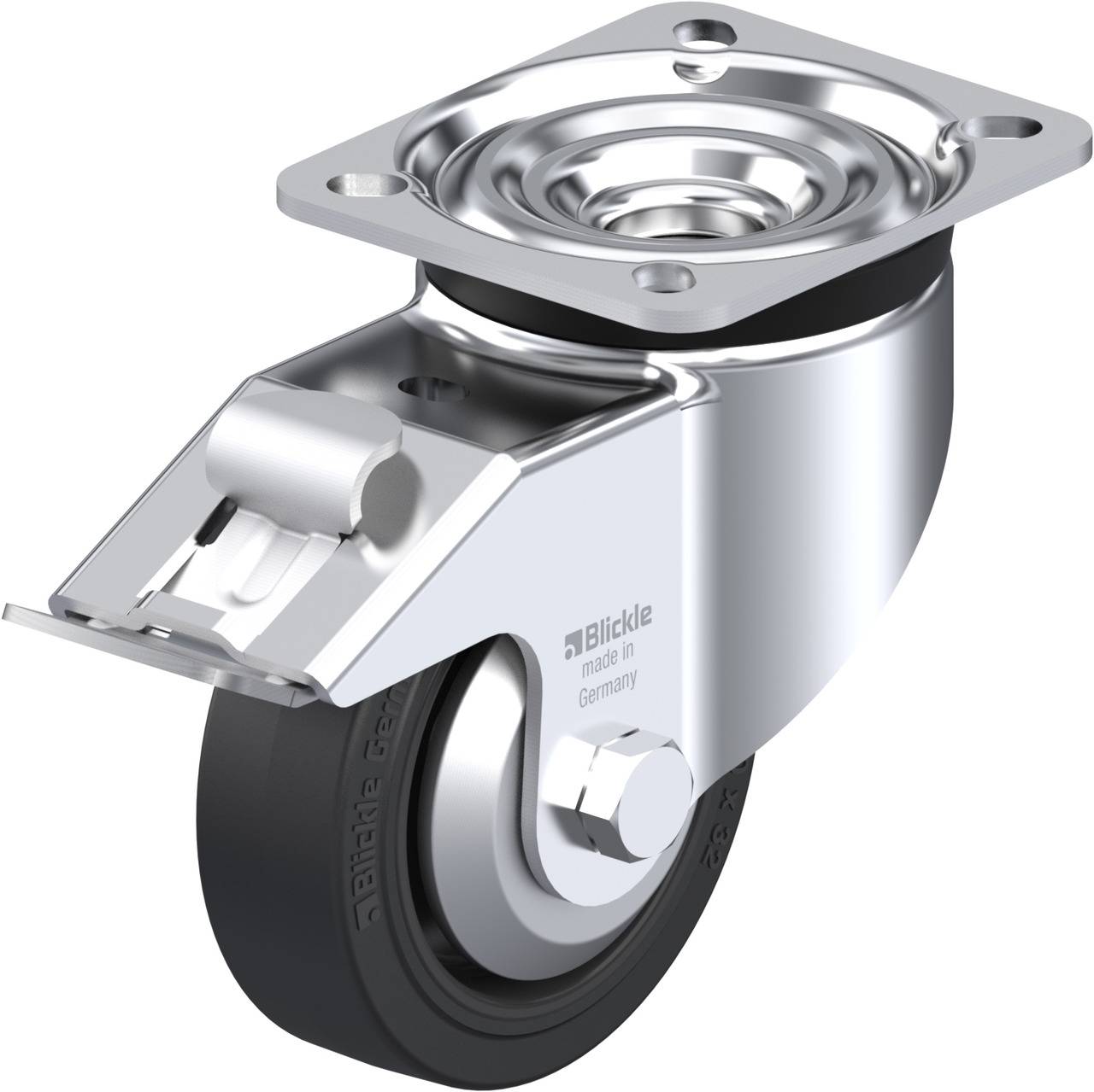 Ein schwenkbares Rad mit Metallgehäuse und schwarzem Gummi. Es hat eine Metallplatte zur Befestigung, geeignet für industrielle Anwendungen.