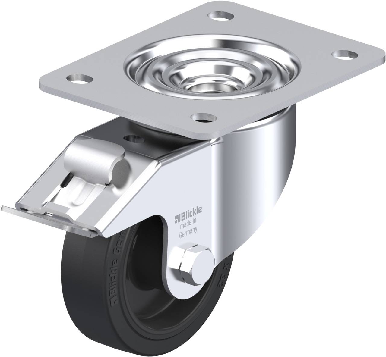 Schwenkrolle aus Metall mit schwarzem Rad, Montageplatte und integriertem Bremssystem, geeignet für Möbel oder Transportgeräte.