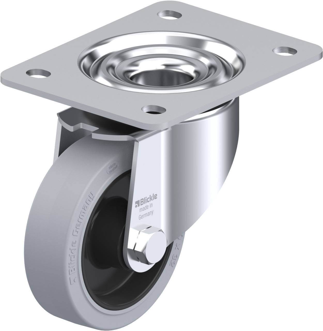 Silberne Lenkrolle mit grauem Rad und Befestigungsplatte für Möbel oder industrielle Anwendungen.