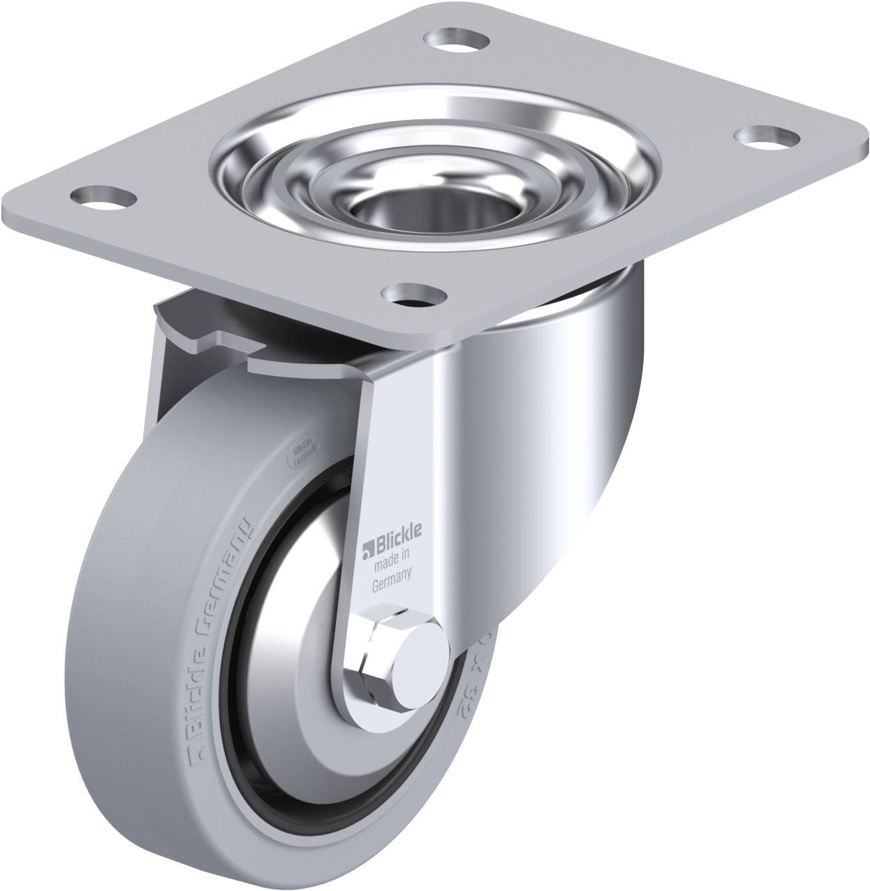 Metallisches Schwenkrollengehäuse mit grauem Rad, geeignet für Möbel oder Geräte. Befestigungsplatte oben zur sicheren Anbringung.