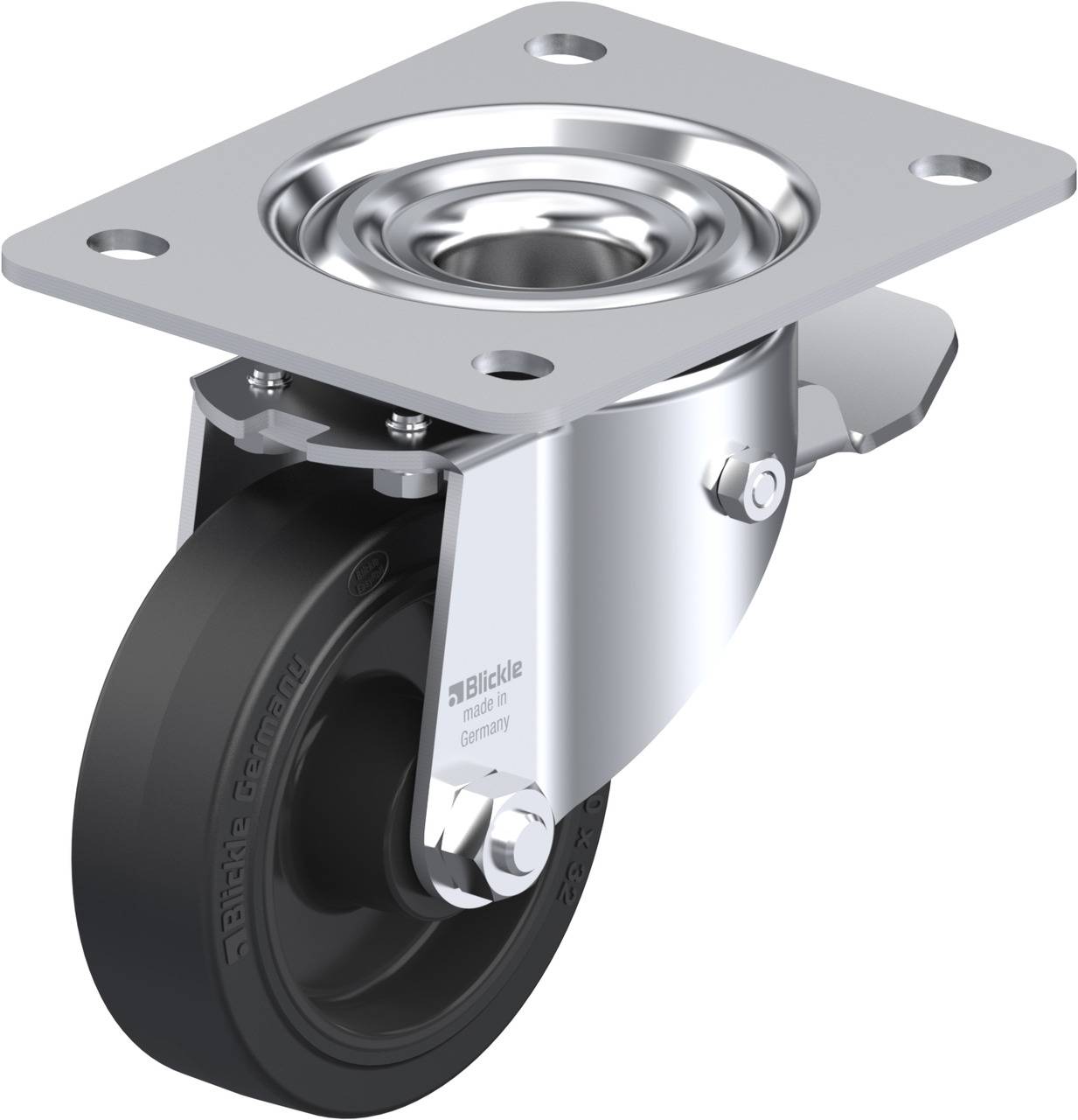 Schwarzes Lenkrolle aus Gummi mit silbernem Metallgehäuse, oben mit rechteckiger Montageplatte und Drehgelenk zur flexiblen Beweglichkeit.