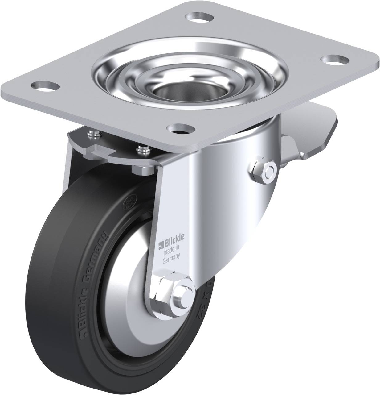 Schwenkrolle mit schwarzem Gummirad und Metallhalterung, oft für Möbel oder Transportgeräte verwendet.