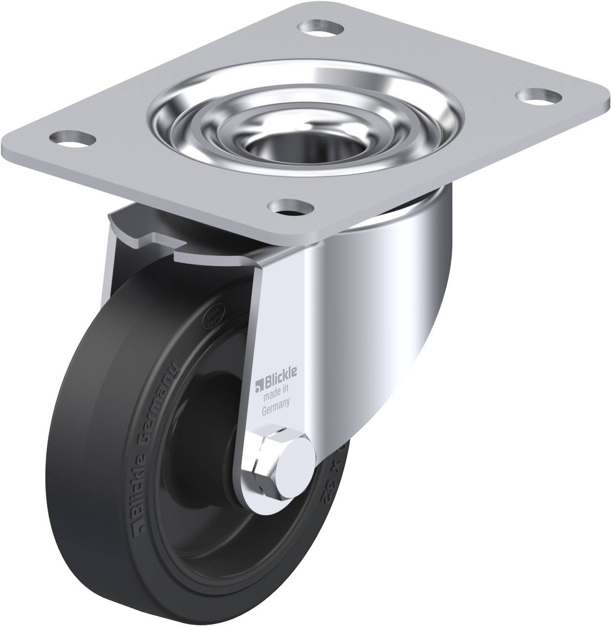 Eine schwarze Rollenkastelle mit silbernem Metallgehäuse. Sie ist für Schwerlasten und verfügt über eine Befestigungsplatte oben.