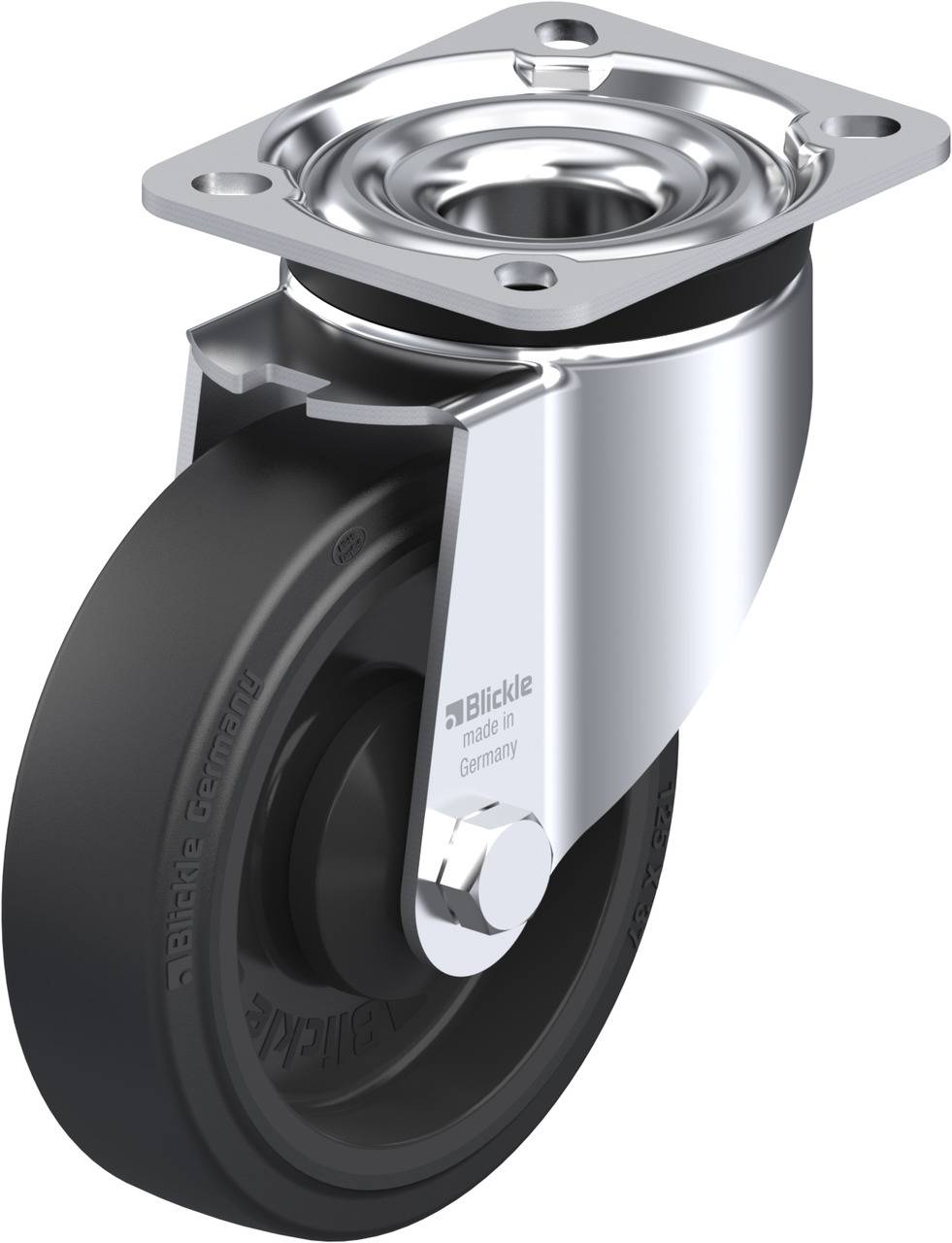 Metallrolle mit schwarzem Rad, montiert an einer silbernen Halterung, vermutlich für Möbel oder Transportwagen geeignet.