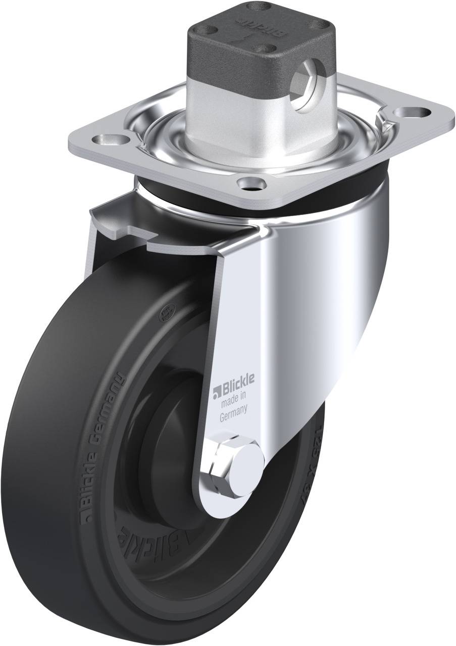 Schwenkrolle mit schwarzem Gummirad und silbernem Gehäuse, geeignet für industrielle Anwendungen mit mittlerer Belastung.
