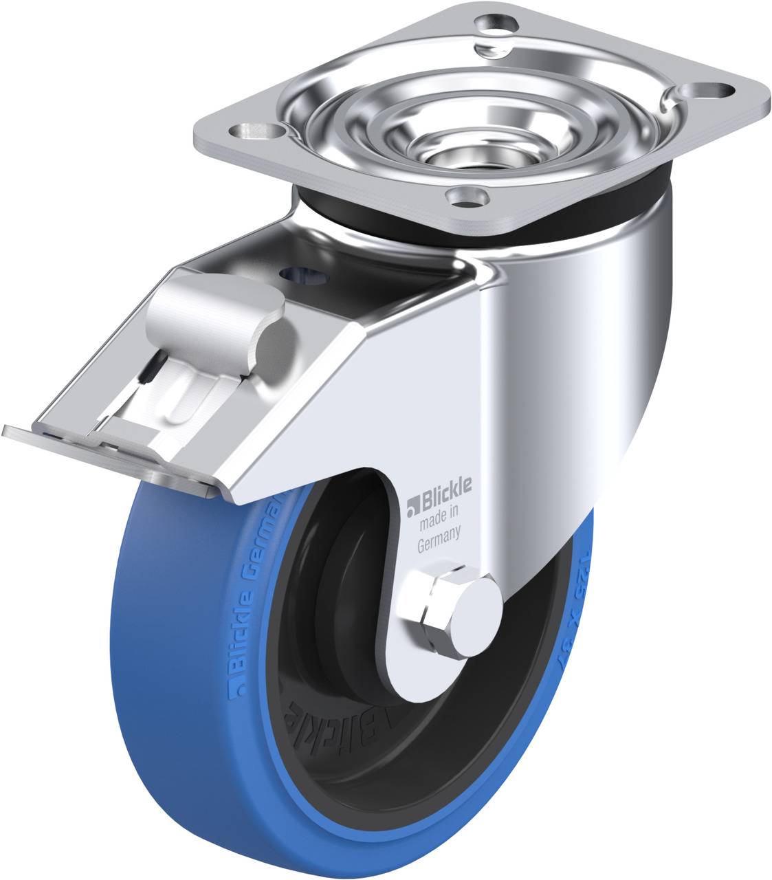 Schwenkrolle aus Metall mit blauer, gummierter Lauffläche und Stoppvorrichtung, verwendet für Transportgeräte und Möbel.