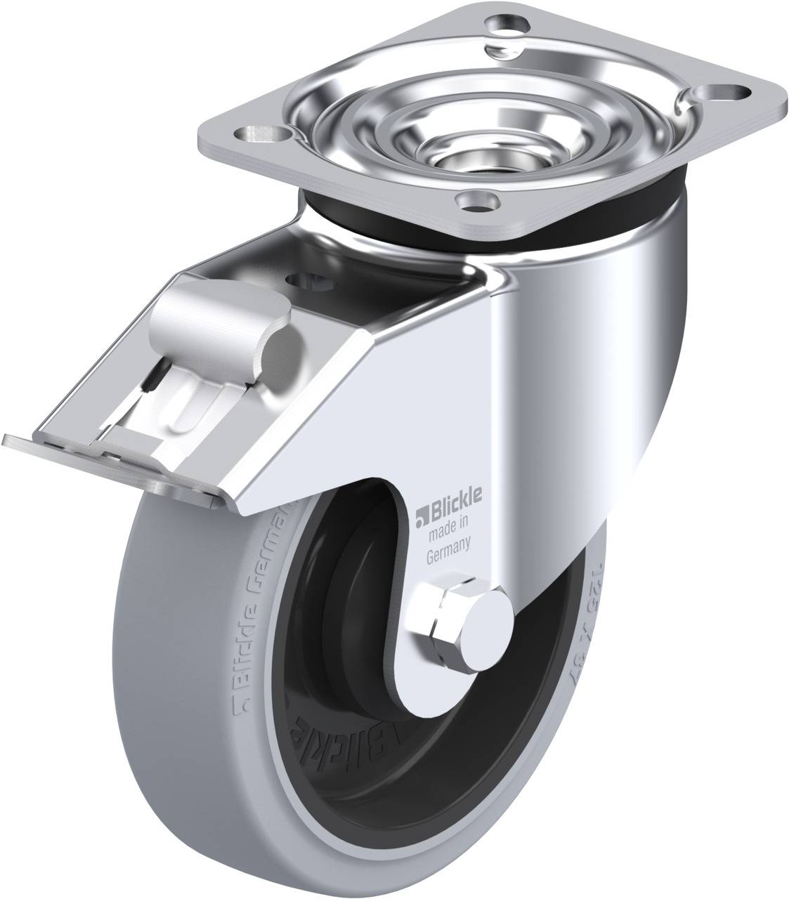 Industrie-Lenkrolle mit Metallgehäuse und grauem Rad, geeignet für den Einsatz an Möbeln oder Geräten, ermöglicht einfache Bewegung.