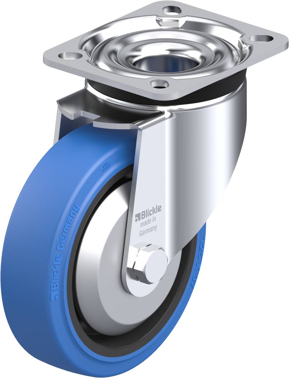Schwenkrolle aus Metall mit blauem Kunststoffrad, geeignet für Möbel oder Geräte, sorgt für leichte Beweglichkeit und Stabilität.