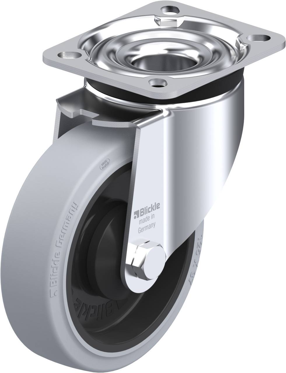 Grauer, drehbarer Lenkrolle mit silbernem Gehäuse, montiert auf einer Platte. Geeignet für Möbel oder Geräte mit Mobilitätsbedarf.