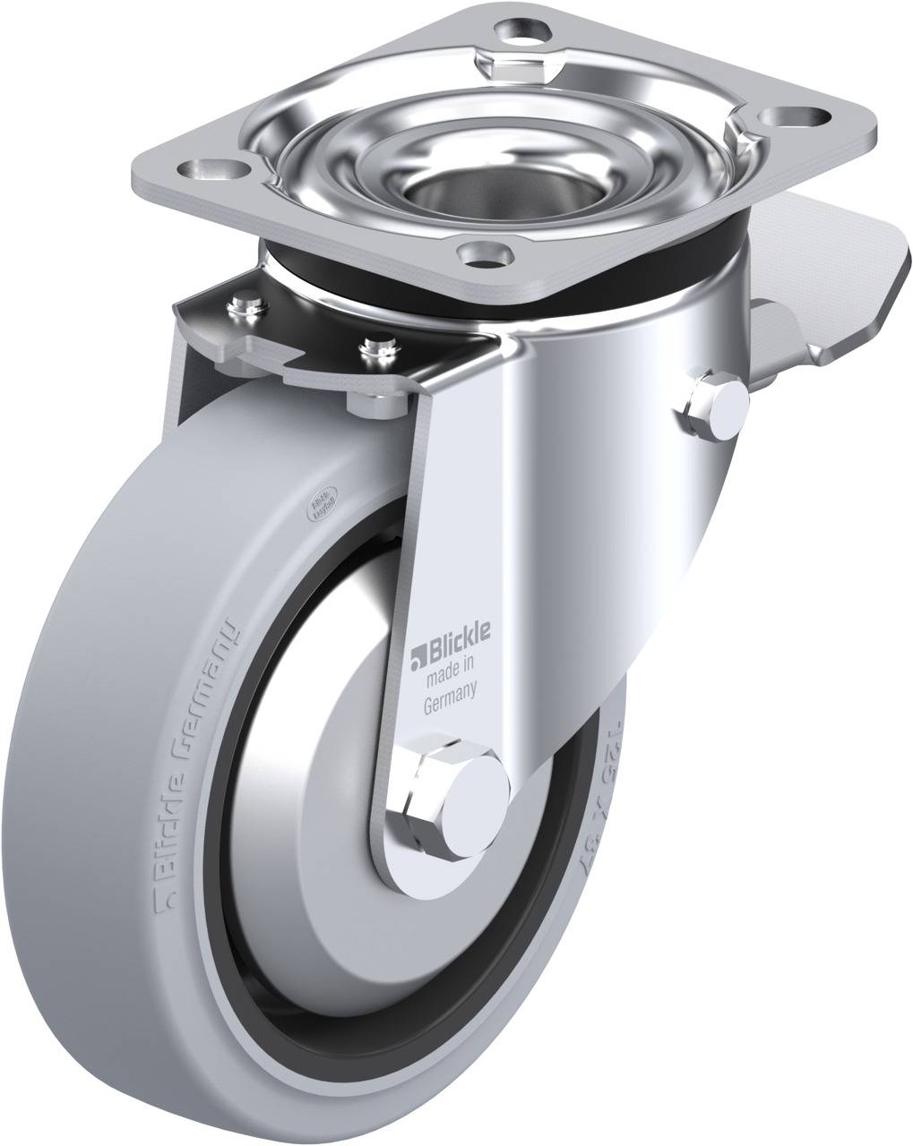 Drehbares Schwerlast-Lenkrollenrad aus Metall und Gummi, geeignet für industrielle Anwendungen, mit Montageplatte für einfache Befestigung.
