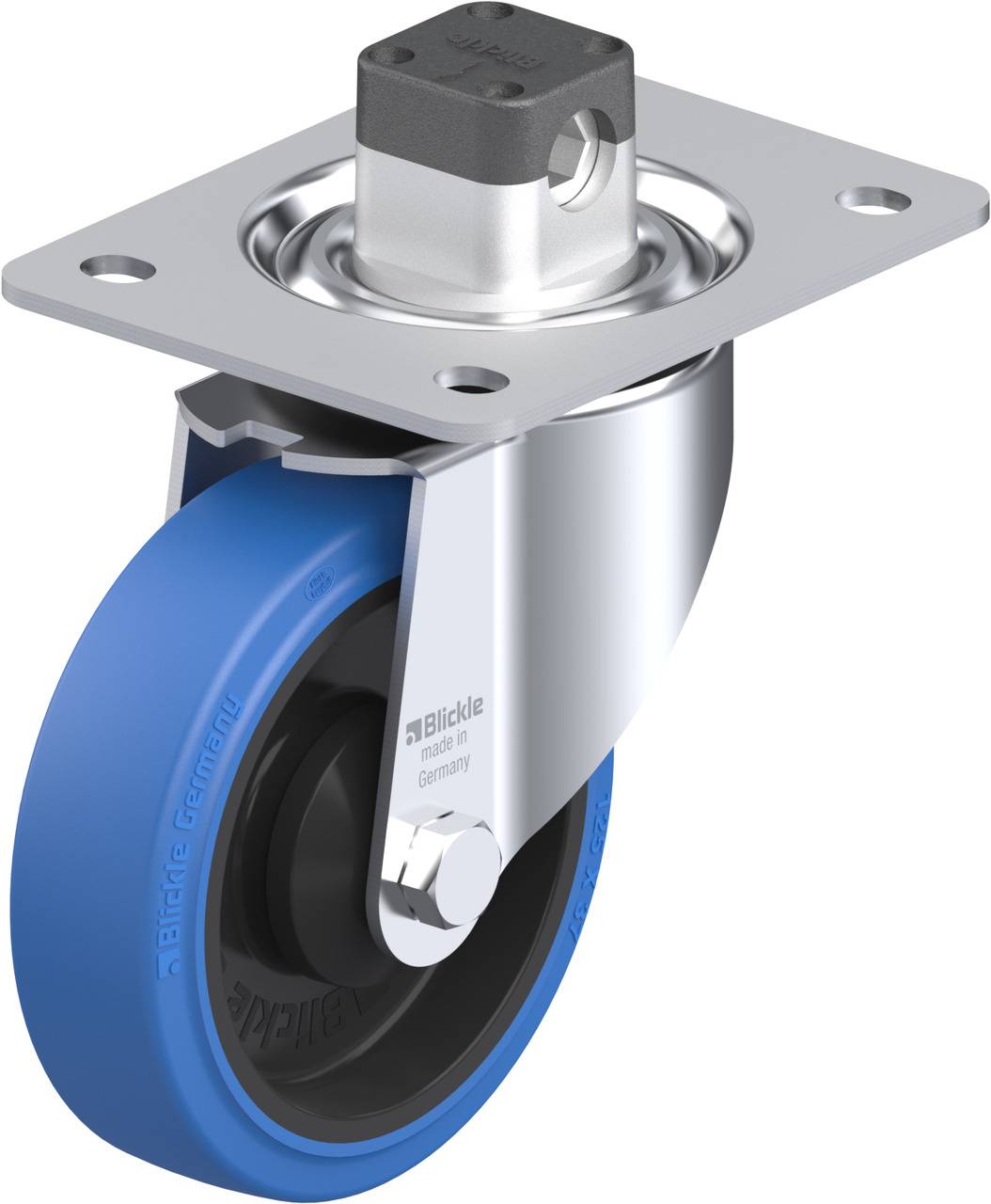'Blickle' Lenkrolle mit blauem Rad und silbernem Gehäuse, geeignet für industrielle Anwendungen.