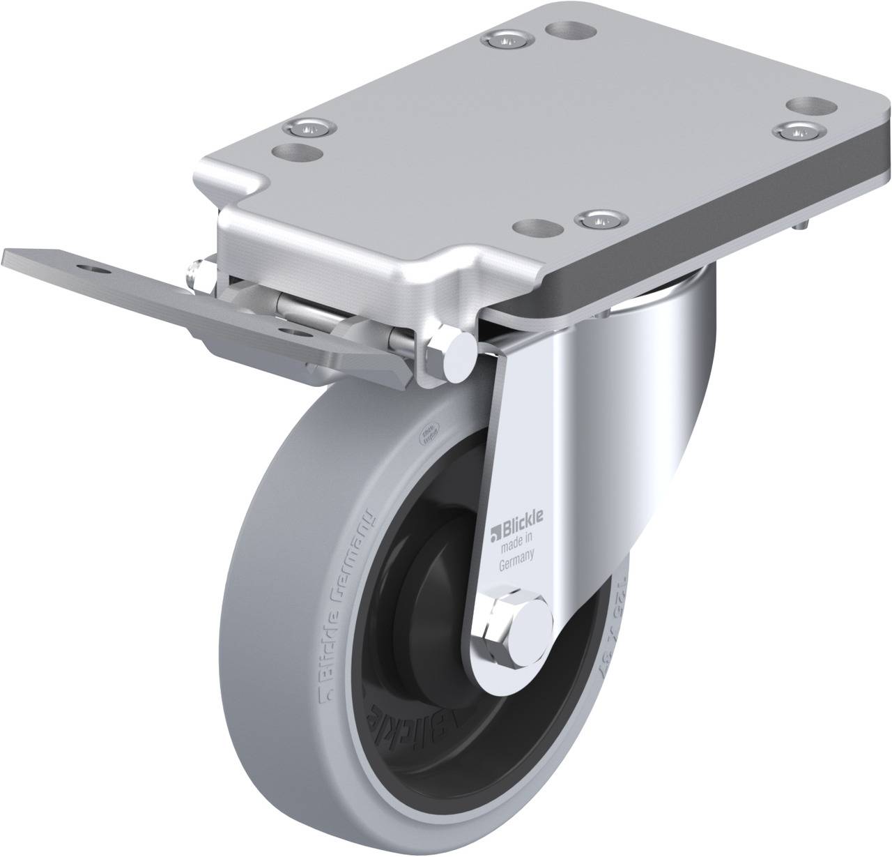 Gummi-Lenkrolle mit Metallplatte und Bremse, für industrielle Anwendungen geeignet.