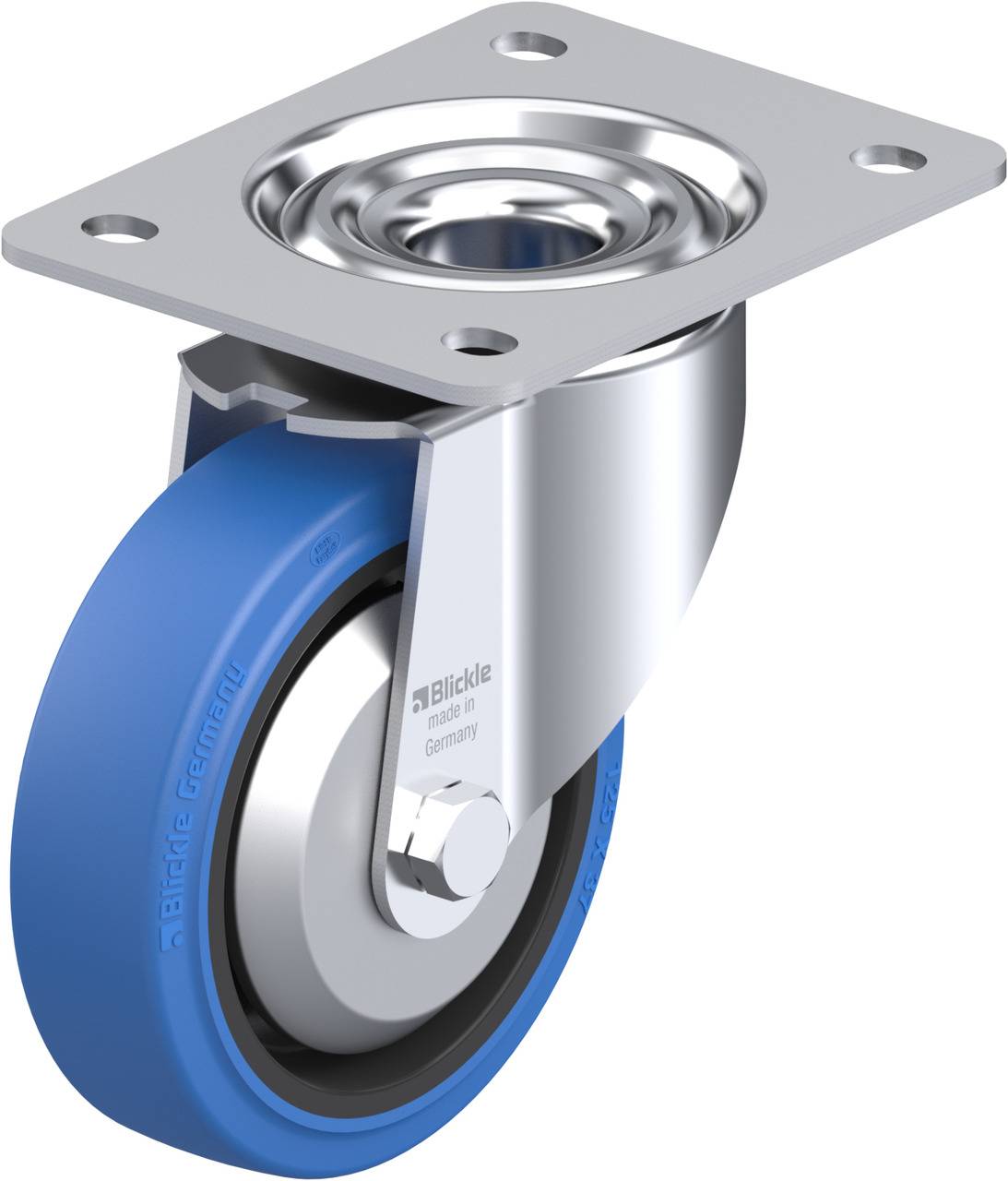 Abbildung einer blauen Lenkrolle mit Metallhalterung, geeignet zur Befestigung an einer Plattform oder einem Wagen.