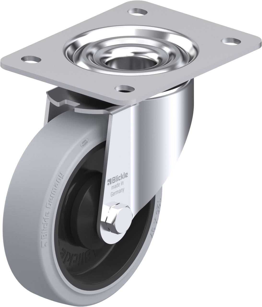 Schwenkrolle mit grauer Gummilauffläche und Metallhalterung, geeignet für Transportfahrzeuge.
