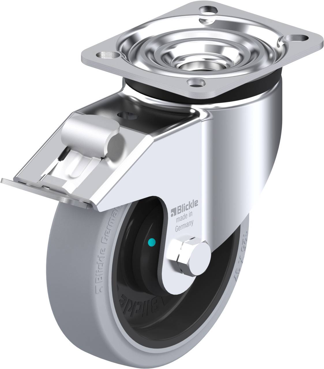 Schwenkrolle aus Metall mit grauem Rad und Befestigungsplatte. Geeignet für mobile Geräte oder Möbel, bietet leichten Lauf.