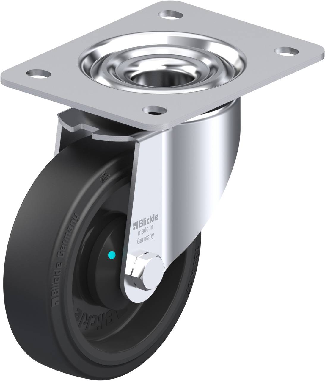 Schwenkrolle aus Metall mit schwarzem Rad und Befestigungsplatte, geeignet für Möbel oder Geräte, Markenname sichtbar.