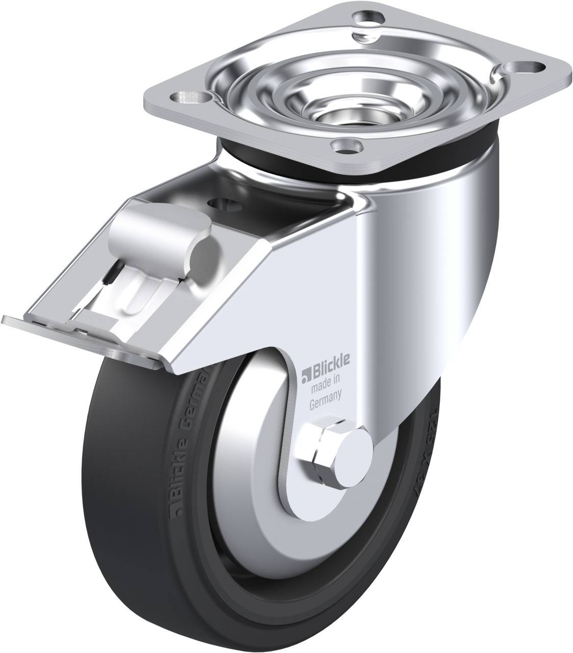 Ein silbernes Rollenrad mit schwarzem Reifen und Metallhalterung, geeignet für Transportwagen oder Möbel. Hergestellt in Deutschland.