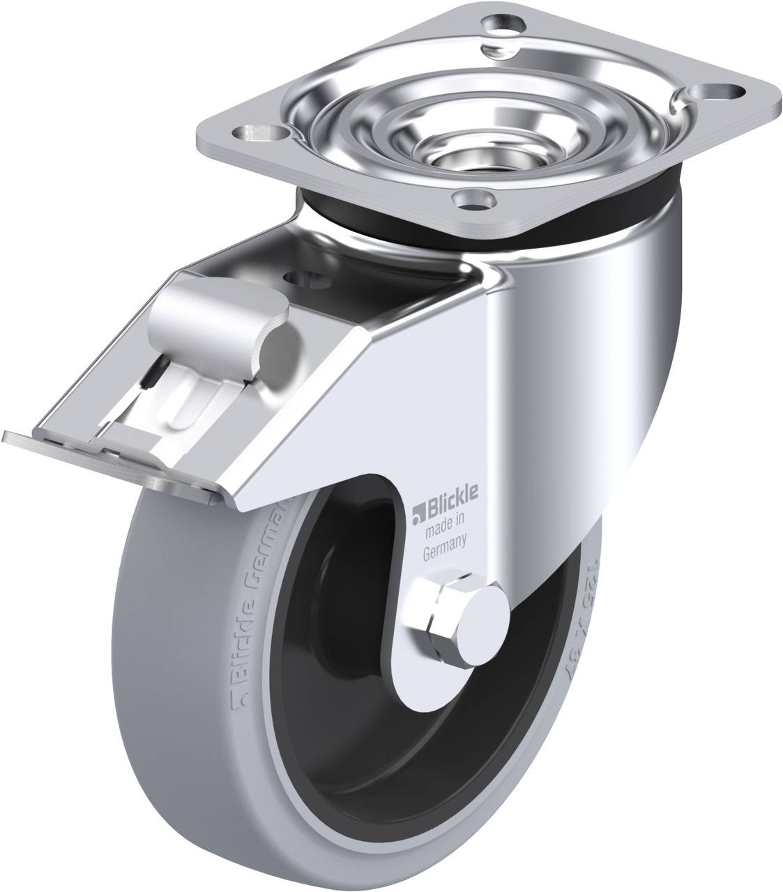 Industrielle Lenkrolle aus Metall mit einer grauen Gummiradoberfläche, geeignet für schwere Lasten und reibungslosen Transport.