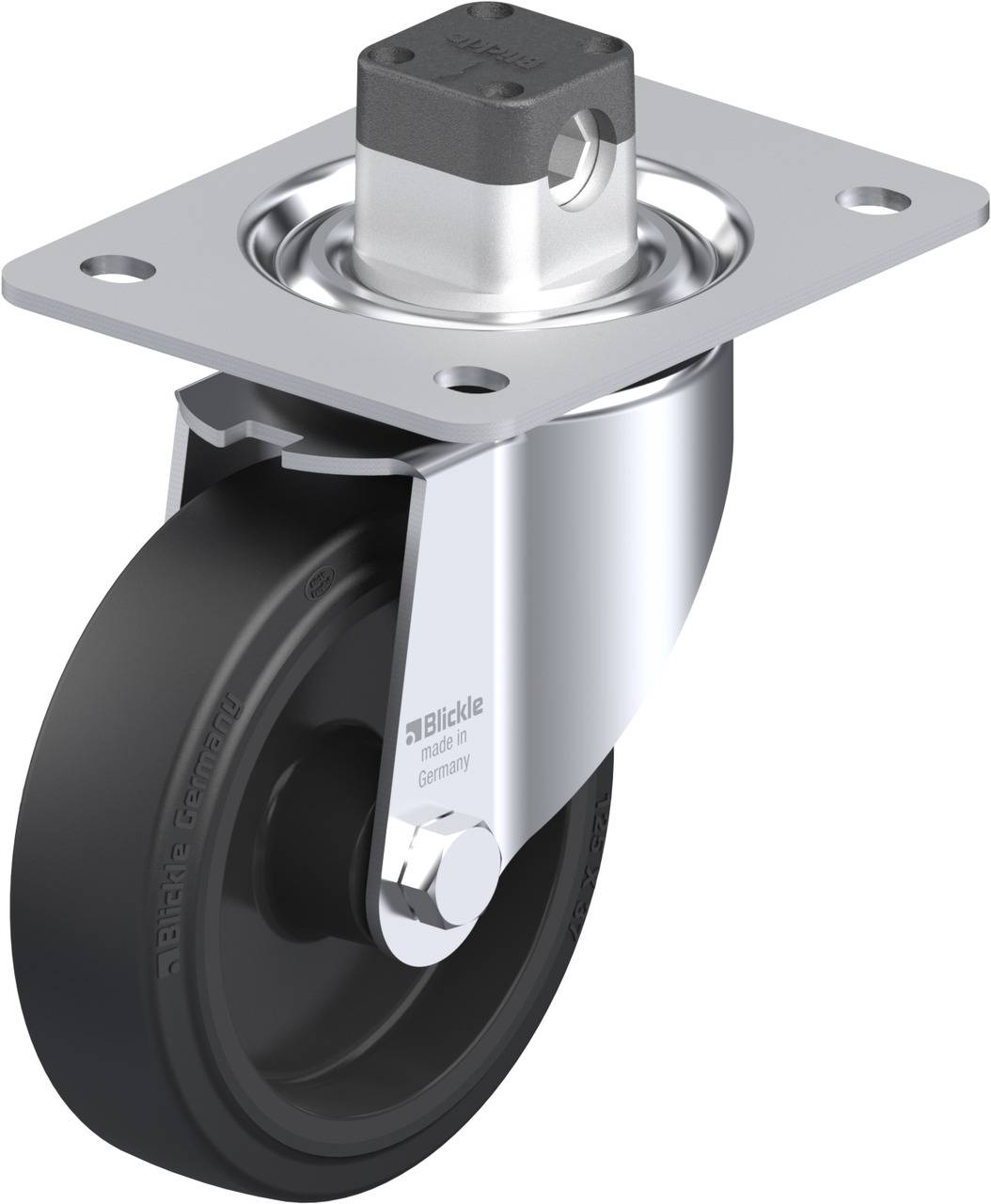 Schwenkrolle aus Metall mit schwarzem Gummirad und Montageplatte.