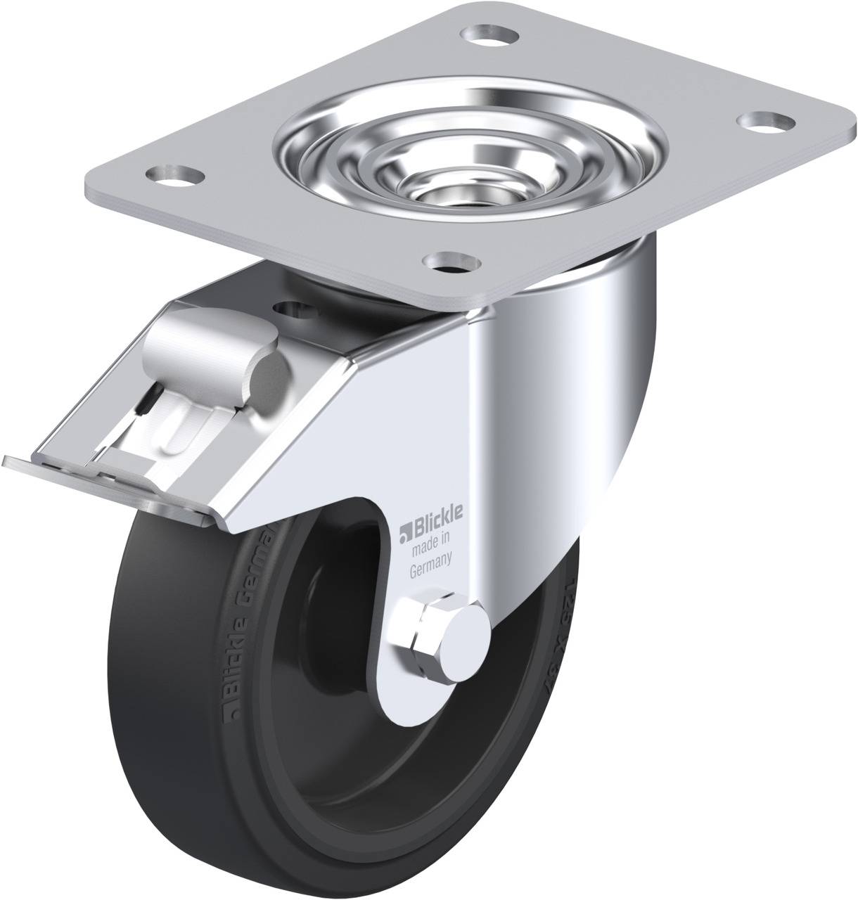 Schwenkrolle mit grauer Gummibereifung und glänzendem Metallgehäuse, geeignet für Möbel oder Transportwagen.