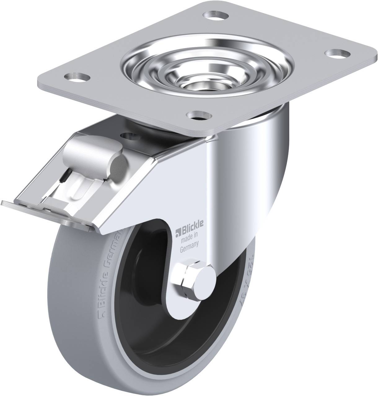 Schwenkrolle mit feststellbarem Gehäuse und Gummireifen, geeignet für glatte Oberflächen, hohe Belastbarkeit in industriellen Anwendungen.
