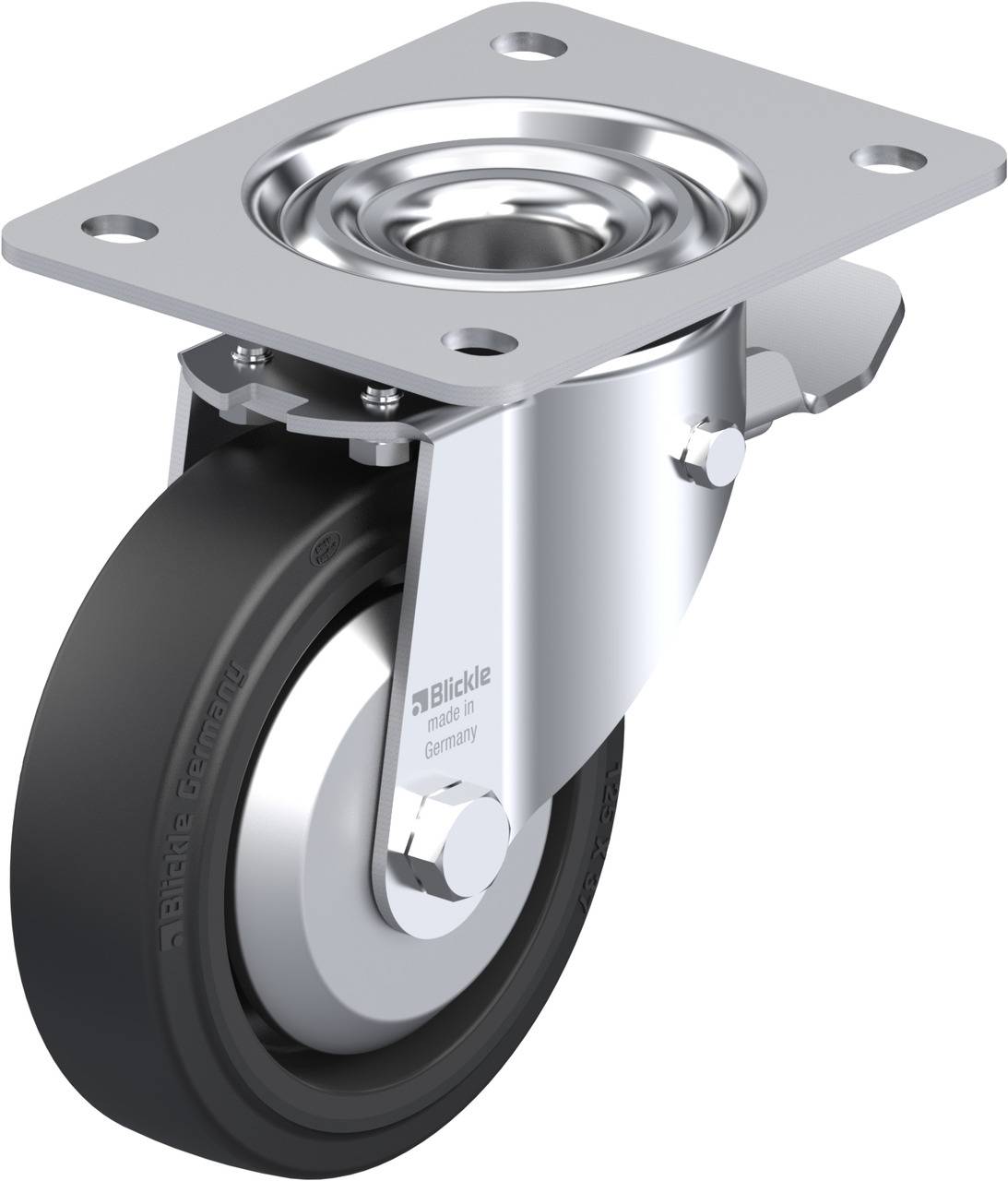 Industrie-Rolle mit grauem, gummibeschichtetem Rad und Metallplatte zur Befestigung. Geeignet für Transportwagen oder Möbel.