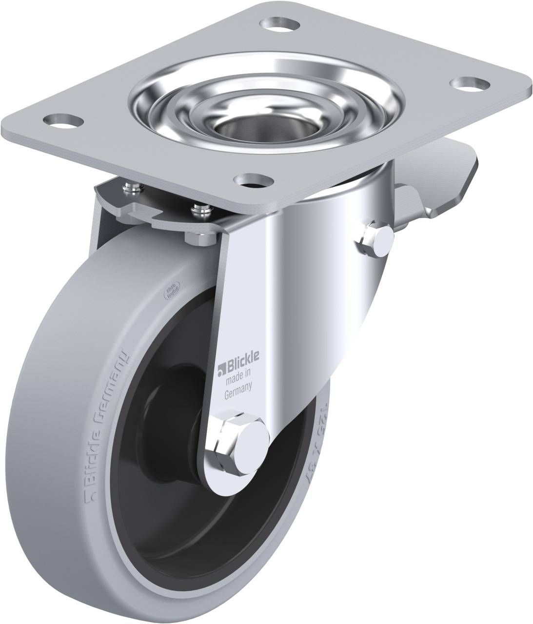 Drehbare Transportrolle aus Metall mit grauem Rad und Befestigungsplatte. Geeignet für Schwerlastanwendungen in Industrie oder Möbelbau.