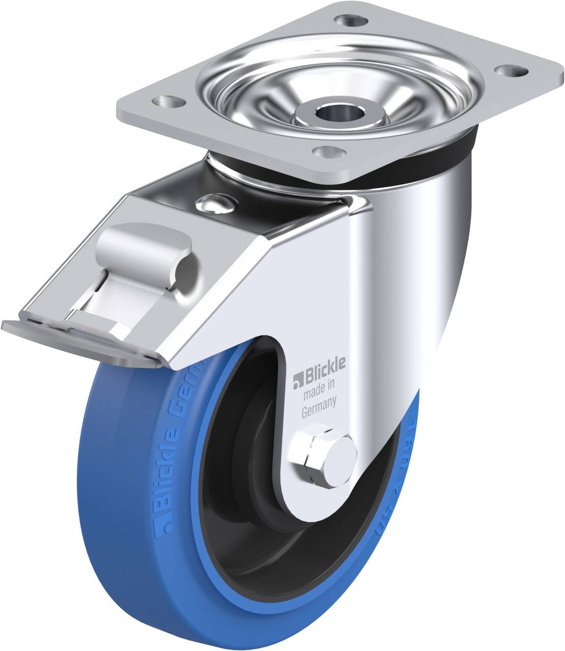 Schwenkrolle mit Metallgehäuse und blauer Gummibereifung. Vorne ist ein Bremspedal sichtbar. Hersteller: Blickle.