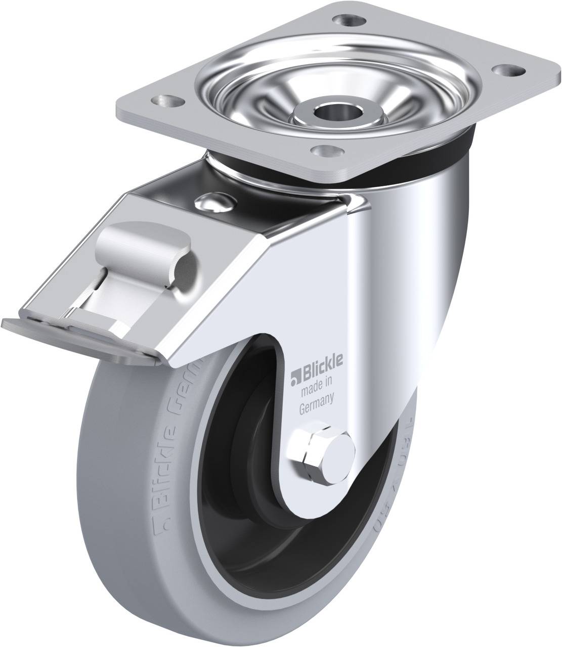 Schwenkrolle aus Metall, oben befestigt mit rechteckiger Platte. Die Rolle ist schwarz und aus Kunststoff.