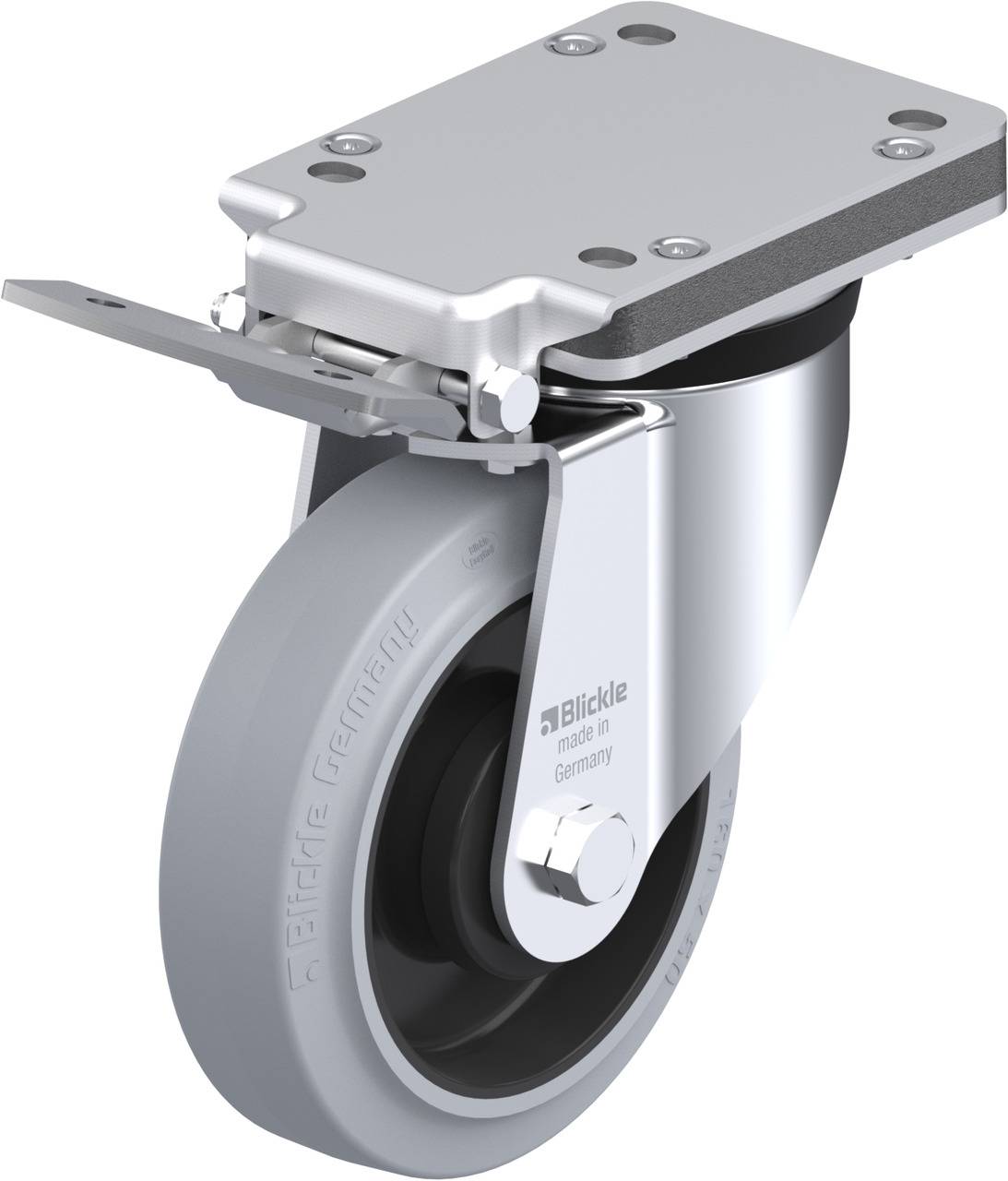 Schwenkrolle aus Metall mit grauem, glattem Rad. Oben eine rechteckige Metallplatte zur Befestigung. Seitlich geprägt mit 'Blickle'.