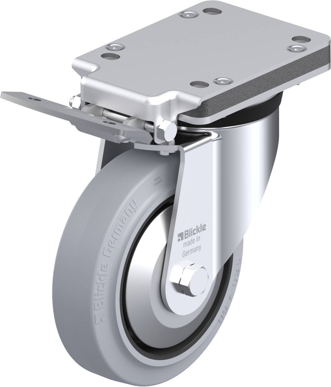 Schwenkrolle mit grauem Rad, Metallhalterung und 'Blickle made in Germany' Gravur. Verwendet für Transportgeräte.