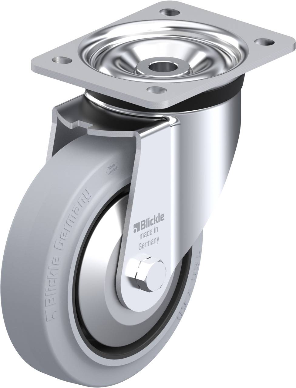Metallisches Schwenkrad mit grauer Gummibereifung, zeigt Befestigungsplatte und Markenaufdruck 'Blickle made in Germany'.