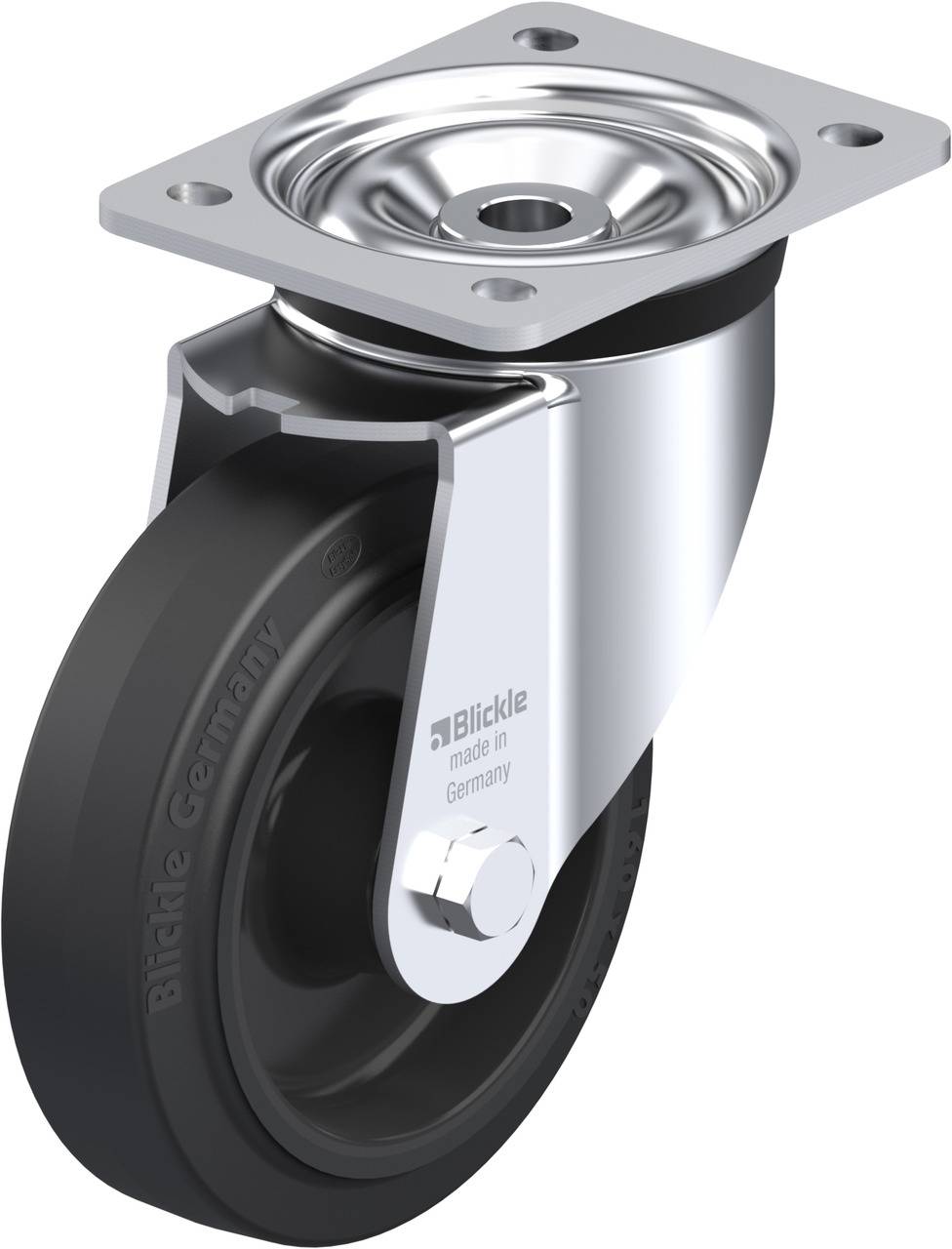 Industrielle Lenkrolle mit schwarzem Rad und Metallplatte zur Befestigung. Markierung 'Blickle made in Germany' sichtbar.