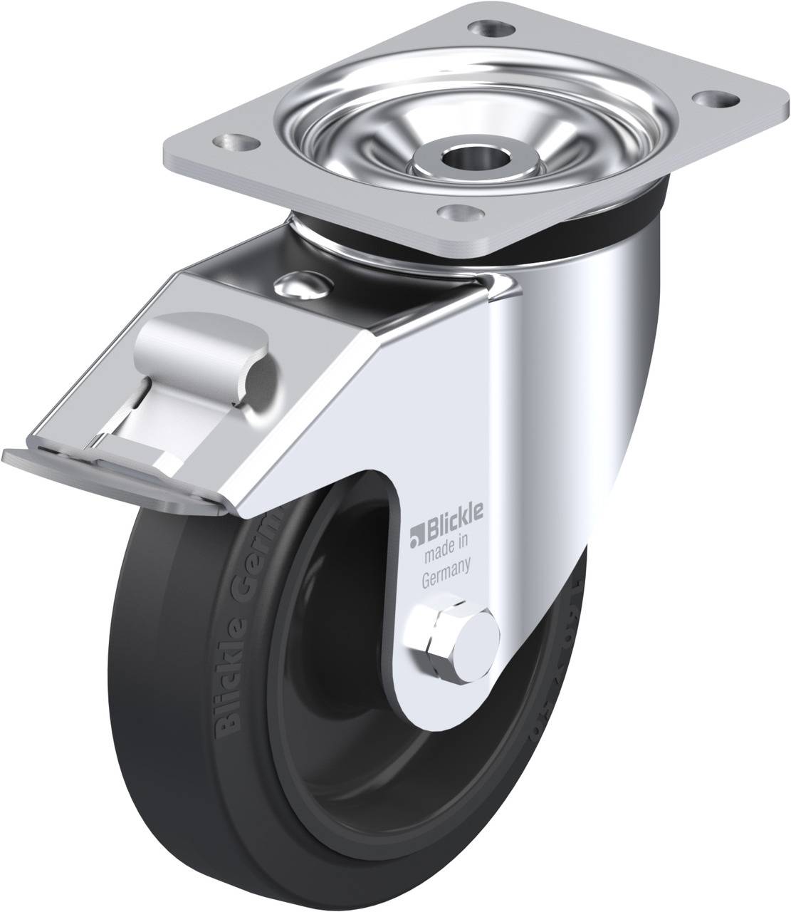 Schwenkrolle aus Metall mit Bremse, schwarzem Rad und Aufschrift 'Blickle, made in Germany'. Geeignet für Transportgeräte.