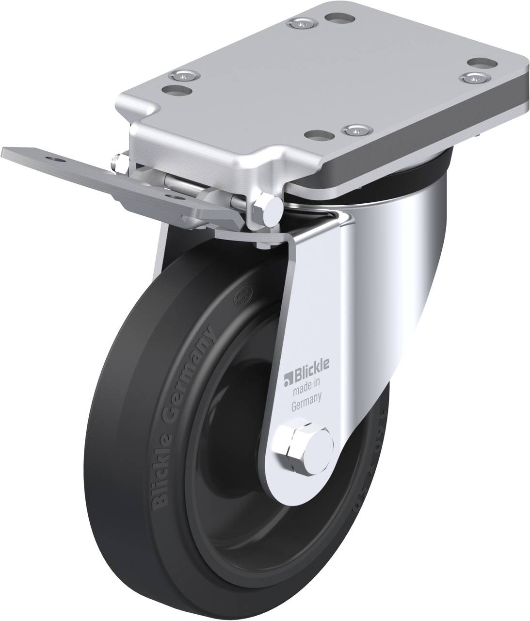 Schwenkrolle aus Metall mit schwarzem Rad. Ideal für Industrieanwendungen, bietet Stabilität und leichte Mobilität auf harten Böden.