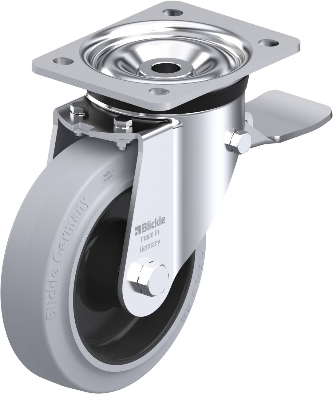 Schwenkrolle mit grauem Gummirad und Metallhalterung, geeignet für Transportgeräte, zeigt eine Bremse an der Seite.