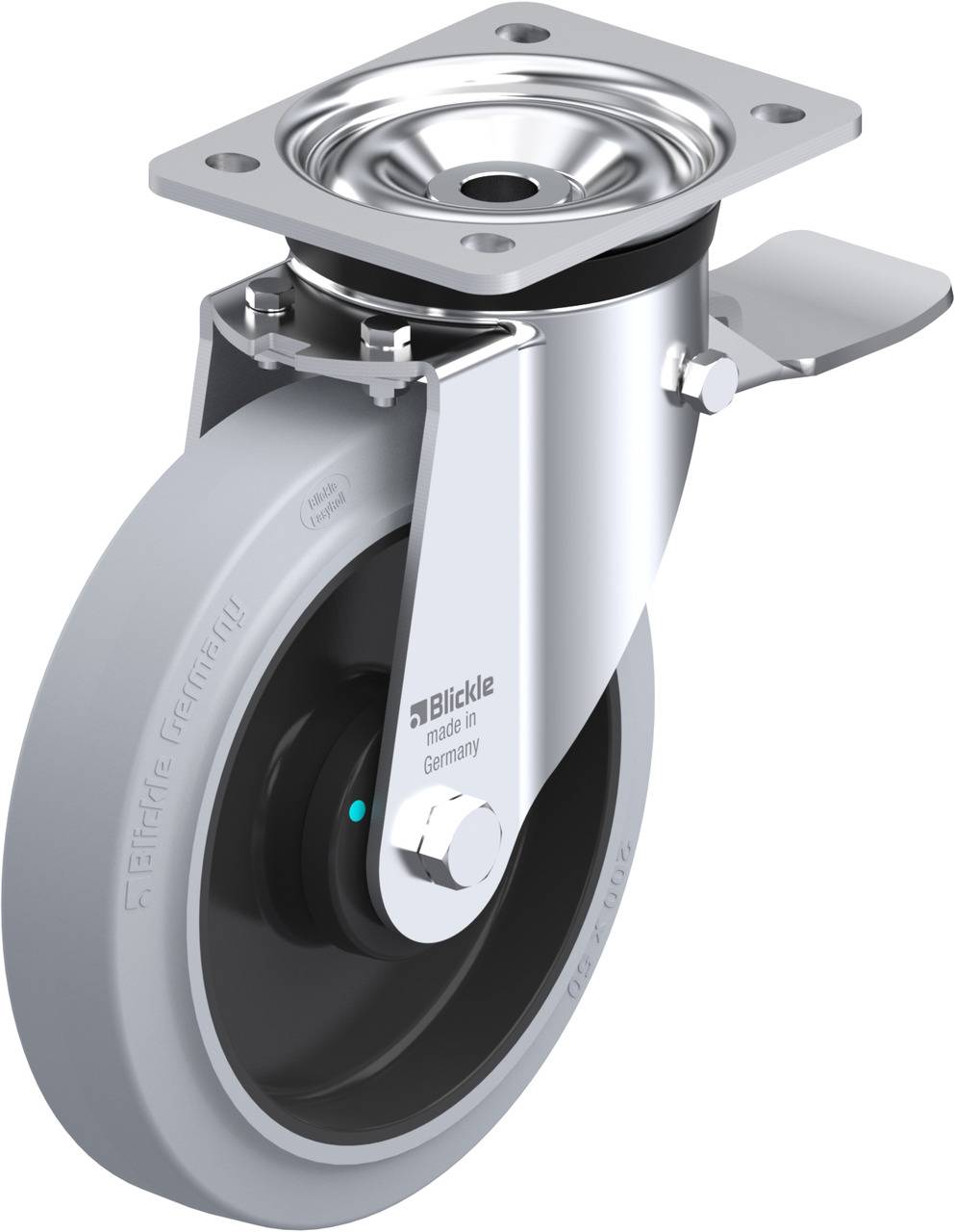 Industrie-Lenkrolle mit grauem Rad und silberner Halterung. Geeignet für schwere Lasten und glatten Bodenbelag.