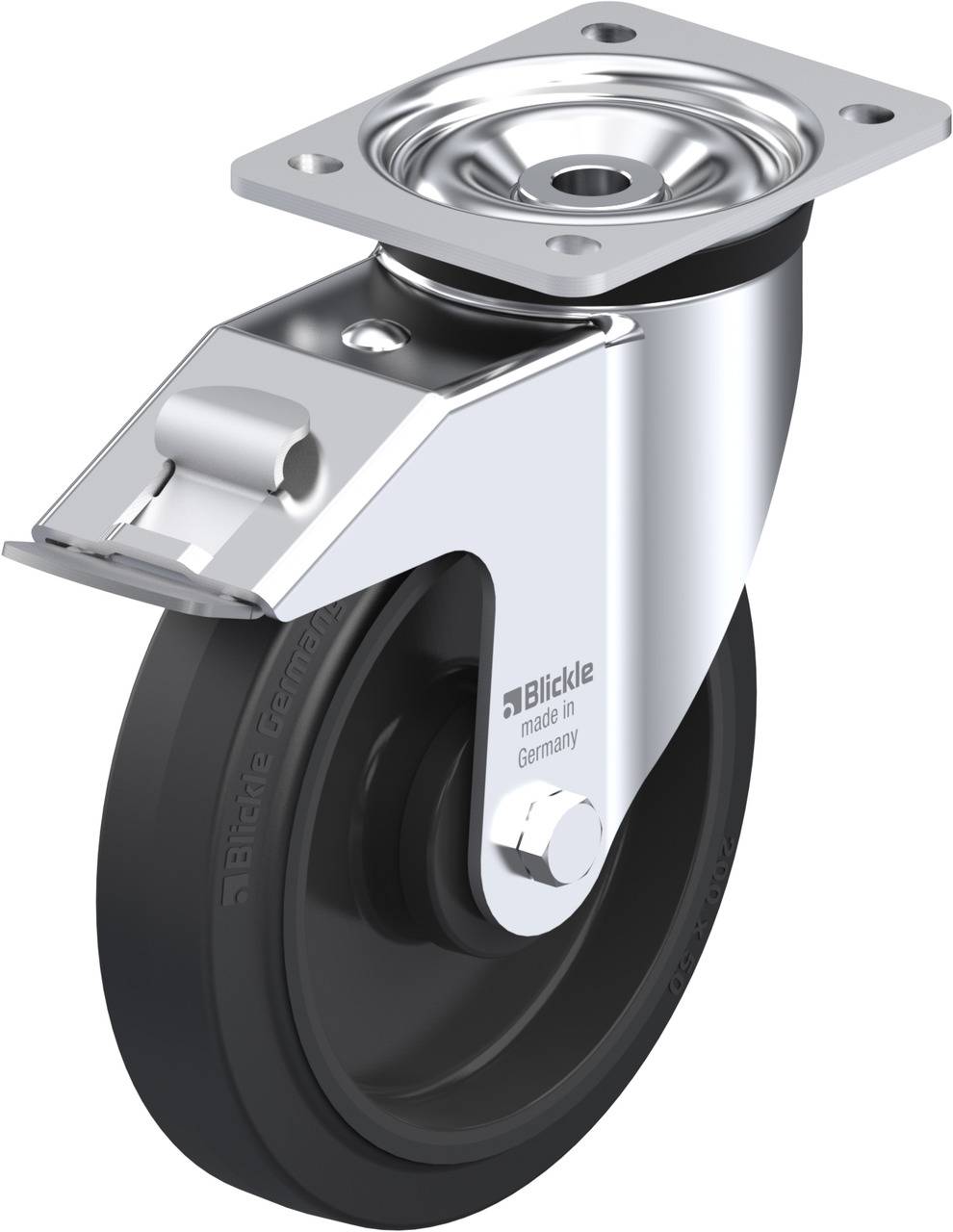 Ein einzelnes schwarzes Rad mit silbernem Gehäuse und Montageplatte, geeignet für industrielle Anwendungen oder Möbel.