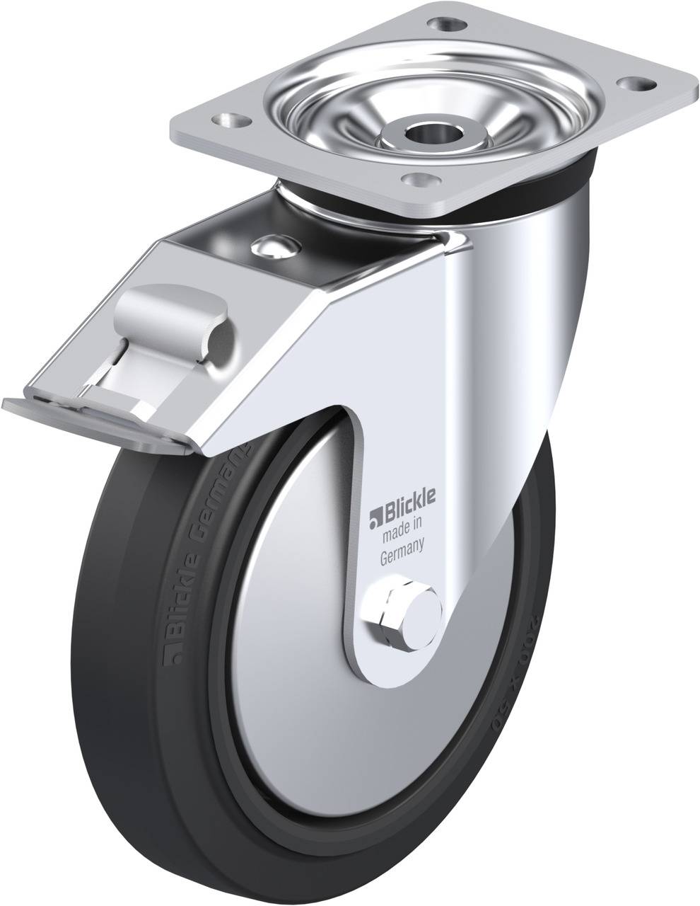 Schwenkrolle aus Metall mit schwarzem Rad und Befestigungsplatte, geeignet für Mobilität von Möbeln oder Geräten.
