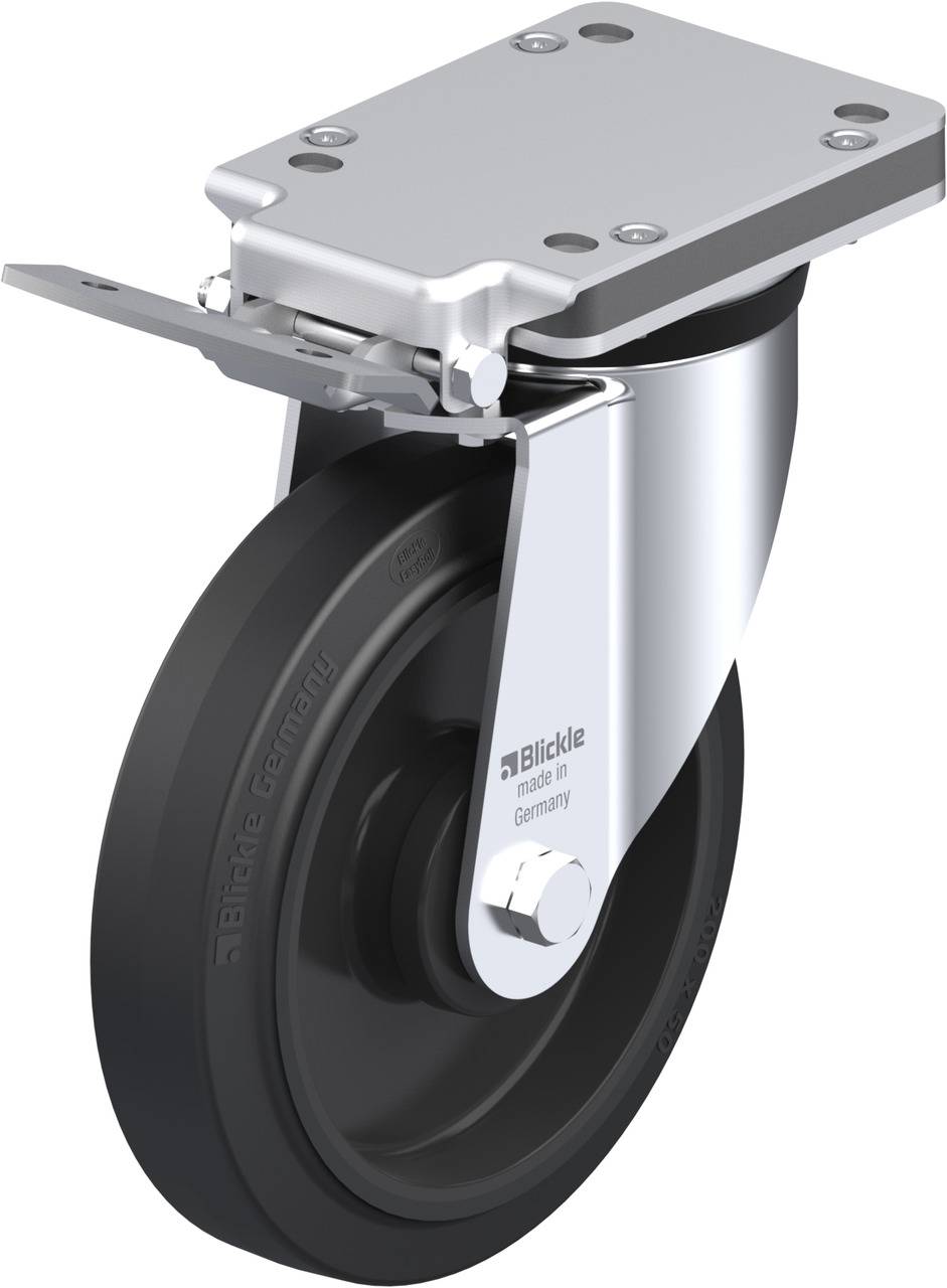 Lenkrolle mit schwarzem Gummirad und silbernem Gehäuse. Enthält eine Bremsvorrichtung. Geeignet zur Montage an Geräten oder Möbeln.