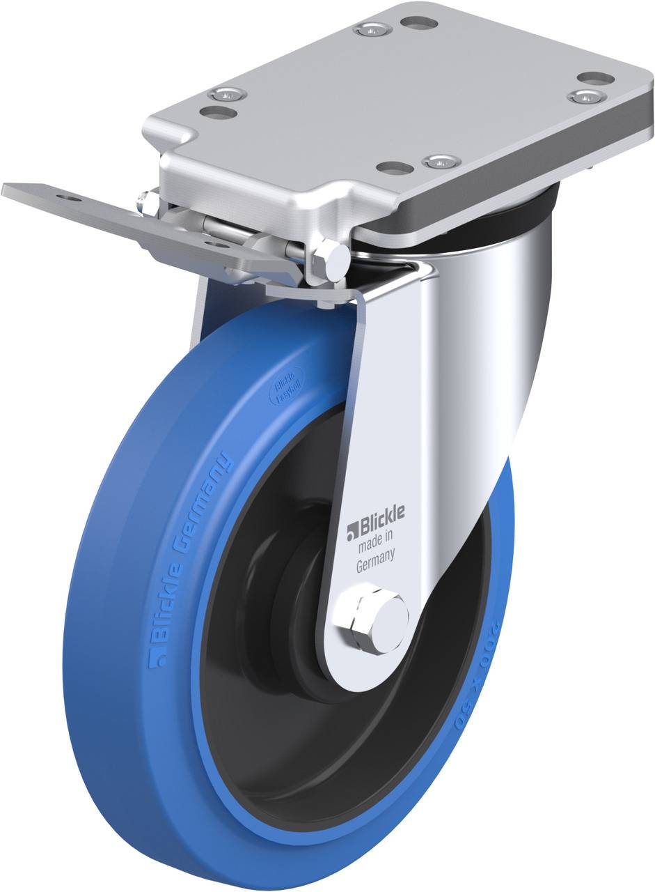 Metallisches Schwenkrollenrad mit blauem Gummireifen und rechteckiger Halterung, geeignet für industrielle Anwendungen.