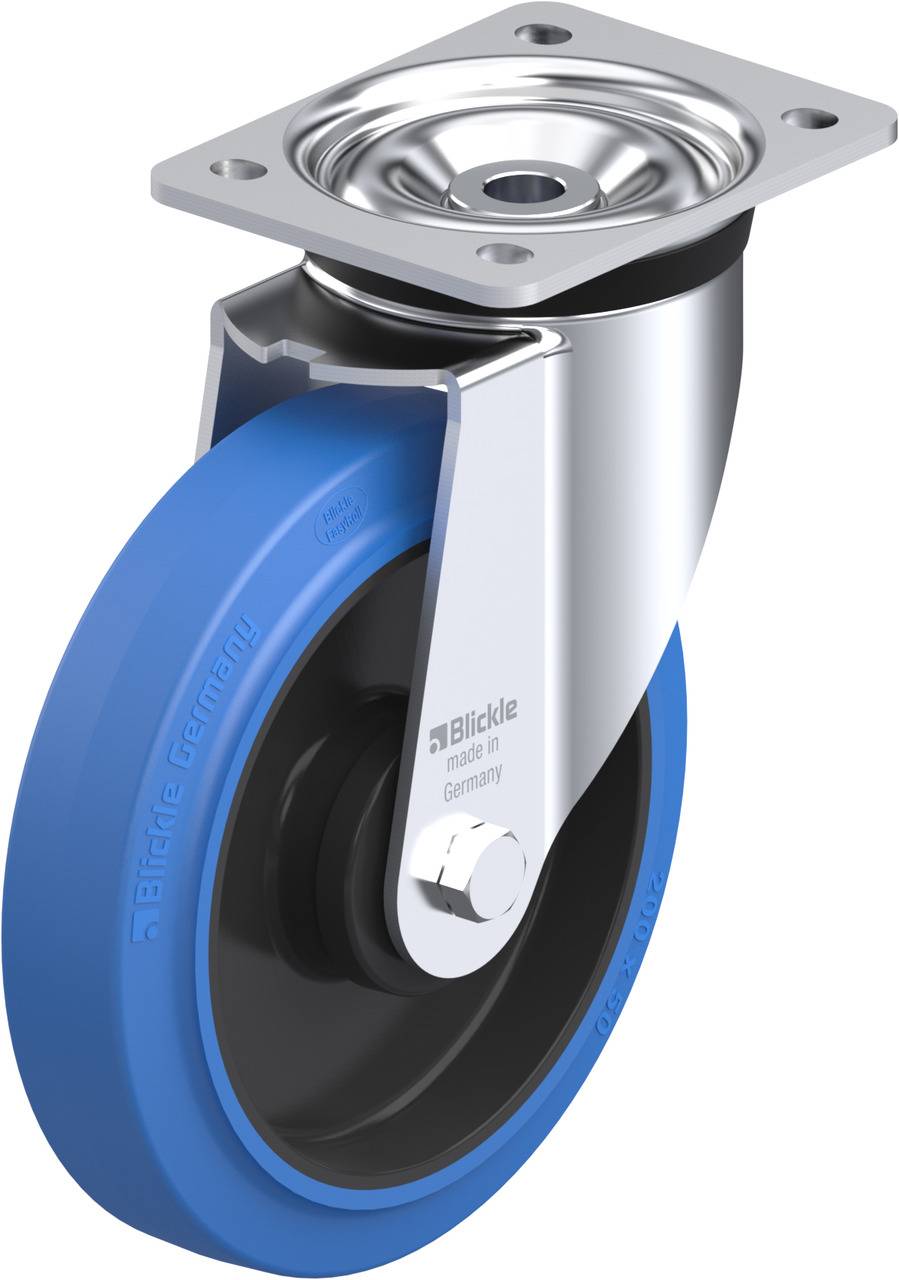 Blaues Lenkrad mit metallischem Gehäuse und Befestigungsplatte. Markierung: 'Blickle, made in Germany'.