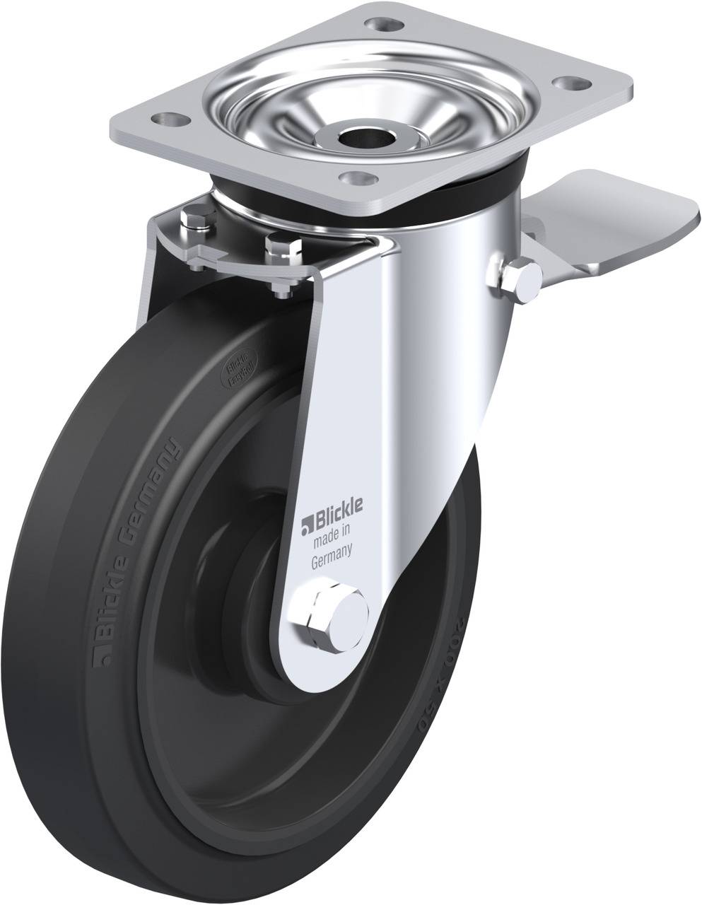Schwenkrolle aus Metall mit schwarzem Gummirad, gebremst. Markiert mit 'Blickle, made in Germany'. Geeignet für Transportwagen.
