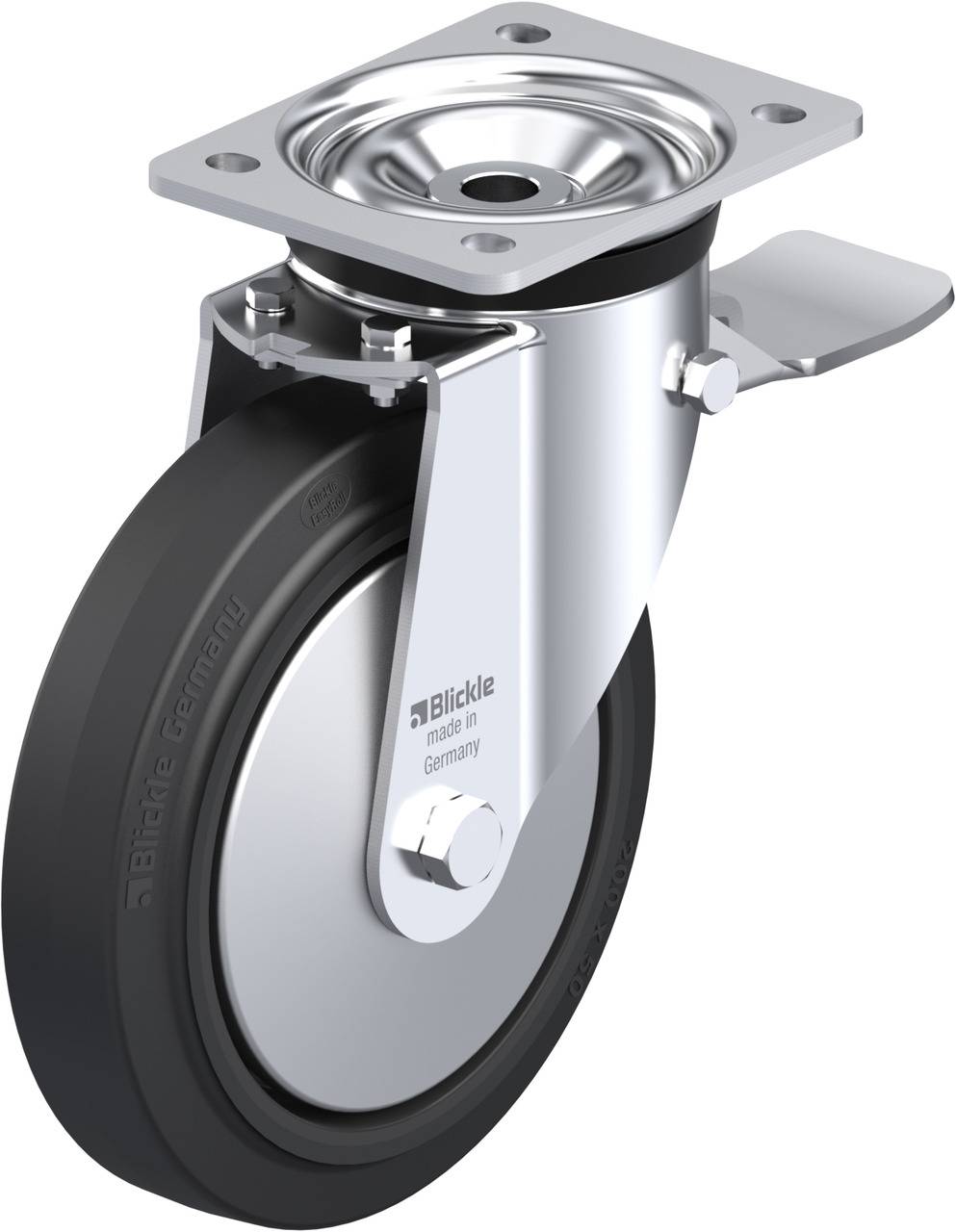 Eine drehbare Rolle aus Metall und Gummi, geeignet für Möbel oder Transportgeräte. Markiert mit 'Blickle made in Germany'.