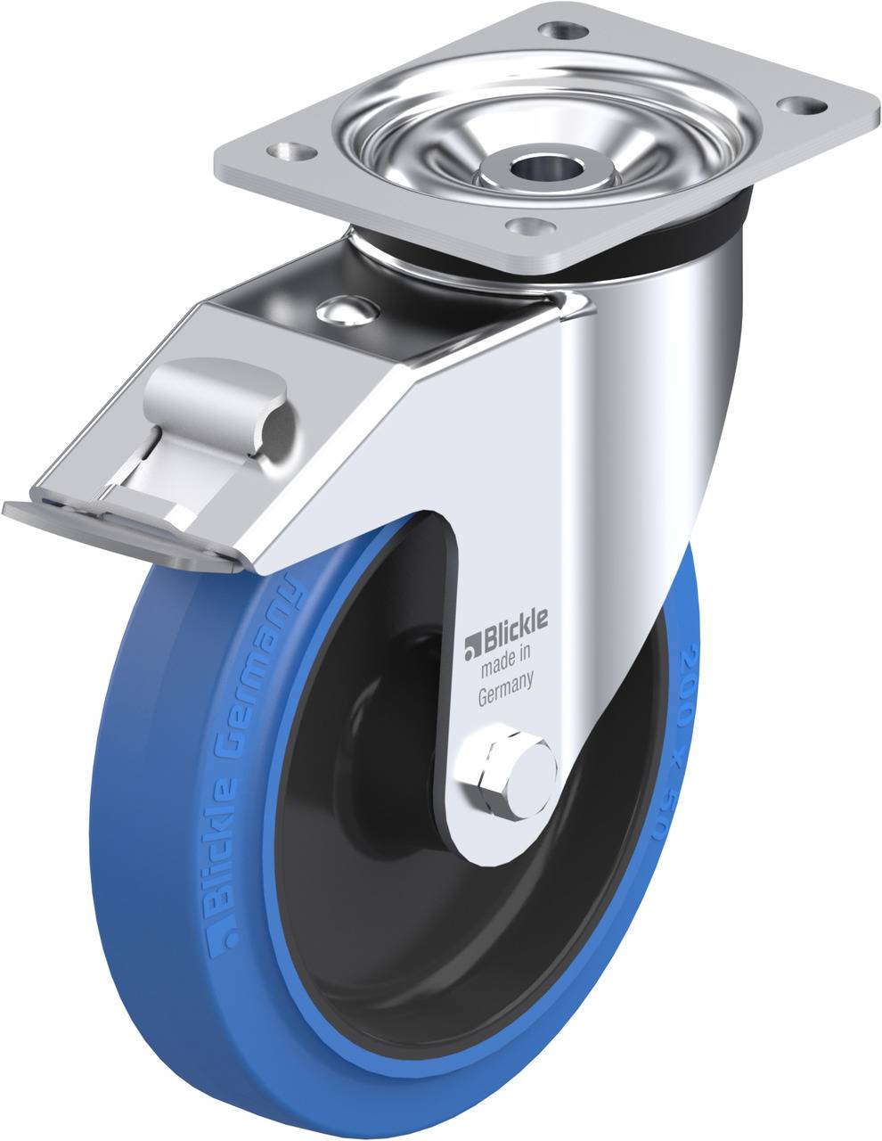 Metallgehäuse-Lenkrolle mit blauer Polyurethan-Lauffläche. Die Rolle hat eine Befestigungsplatte und ist in hochwertiger Verarbeitung gehalten.