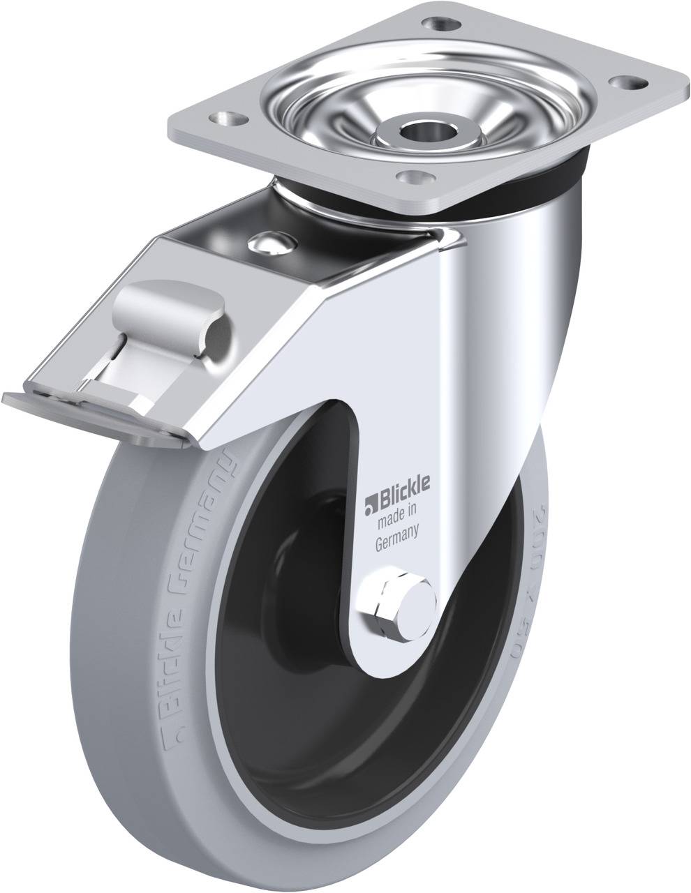 Eine silberne Lenkrolle mit grauem Rad, montiert auf einer rechteckigen Metallplatte, geeignet für den Einsatz an Transportwagen.