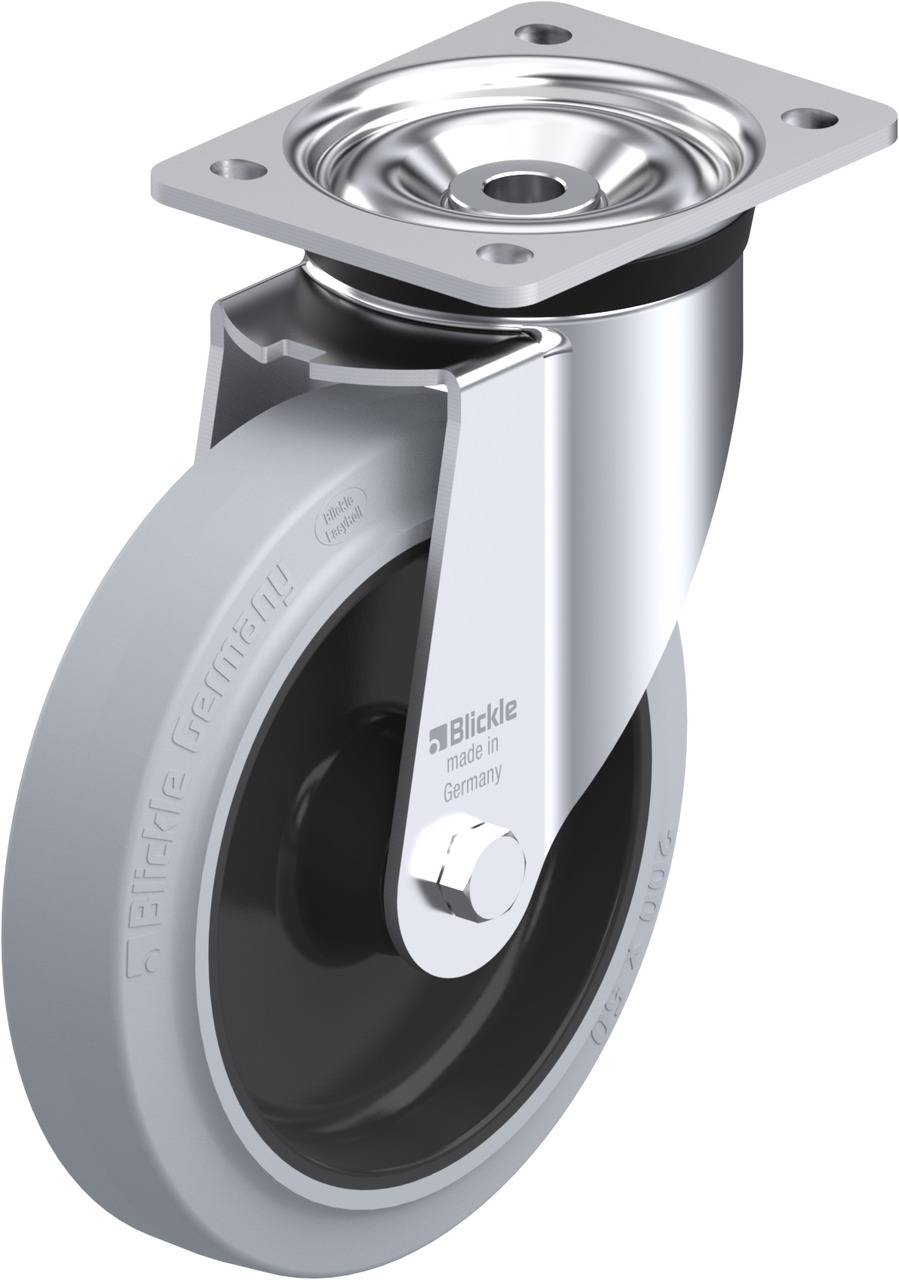 Schwenkrolle aus Metall mit grauem Rad und Befestigungsplatte, geeignet für Transportwagen oder Möbel. Texte 'Blickle', 'Made in Germany'.