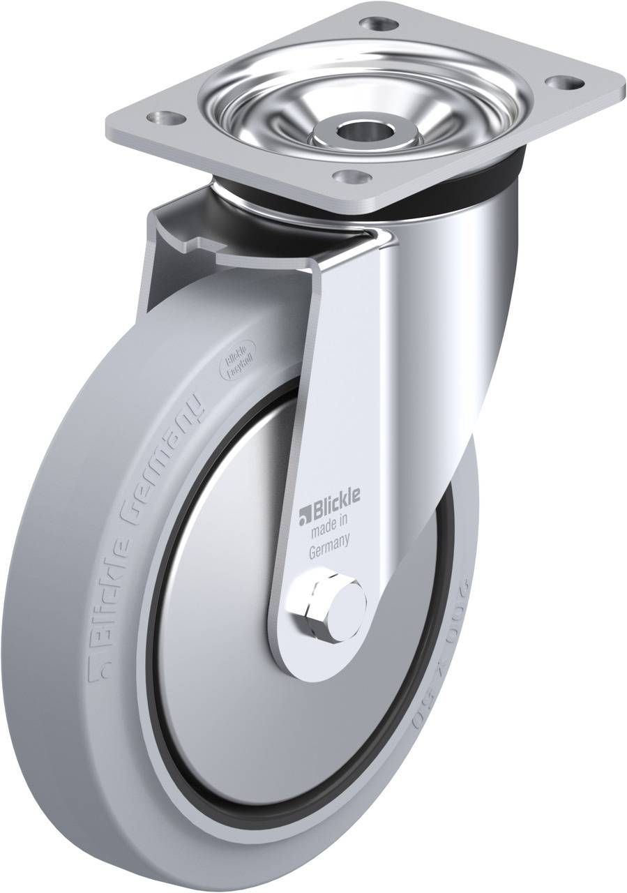 Lenkrolle aus Metall mit grauem Gummirad, geeignet für industrielle Anwendungen. Robustes Design mit Montagesockel.