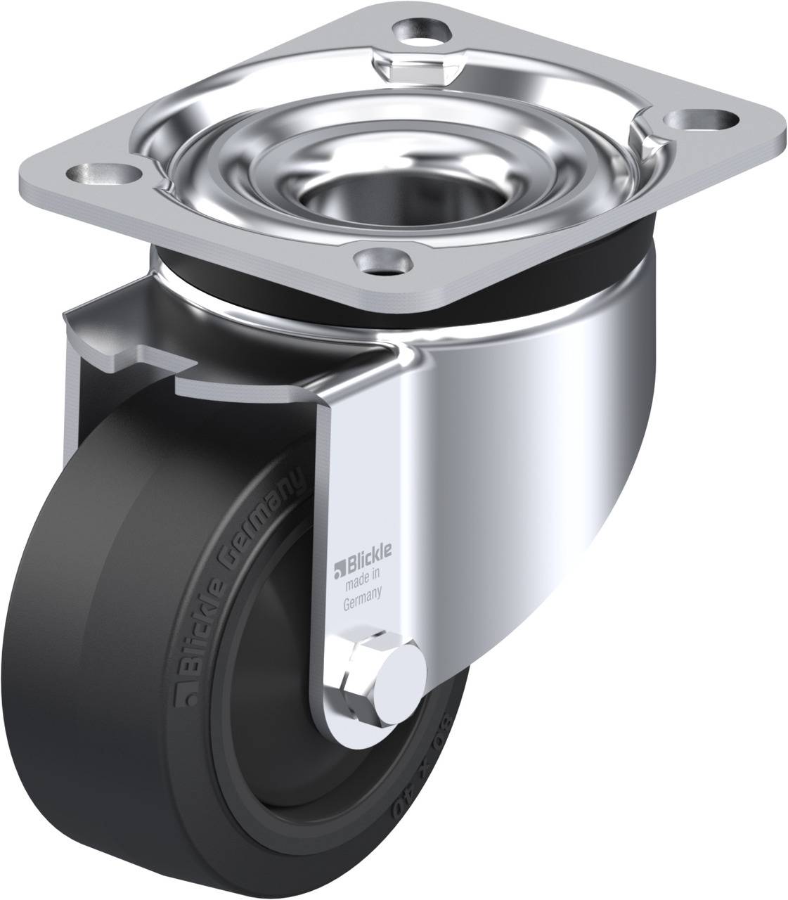 Industrie-Rollenlager mit schwarzem Rad und silbernem Gehäuse, montiert auf einer rechteckigen Metallplatte mit Befestigungslöchern.