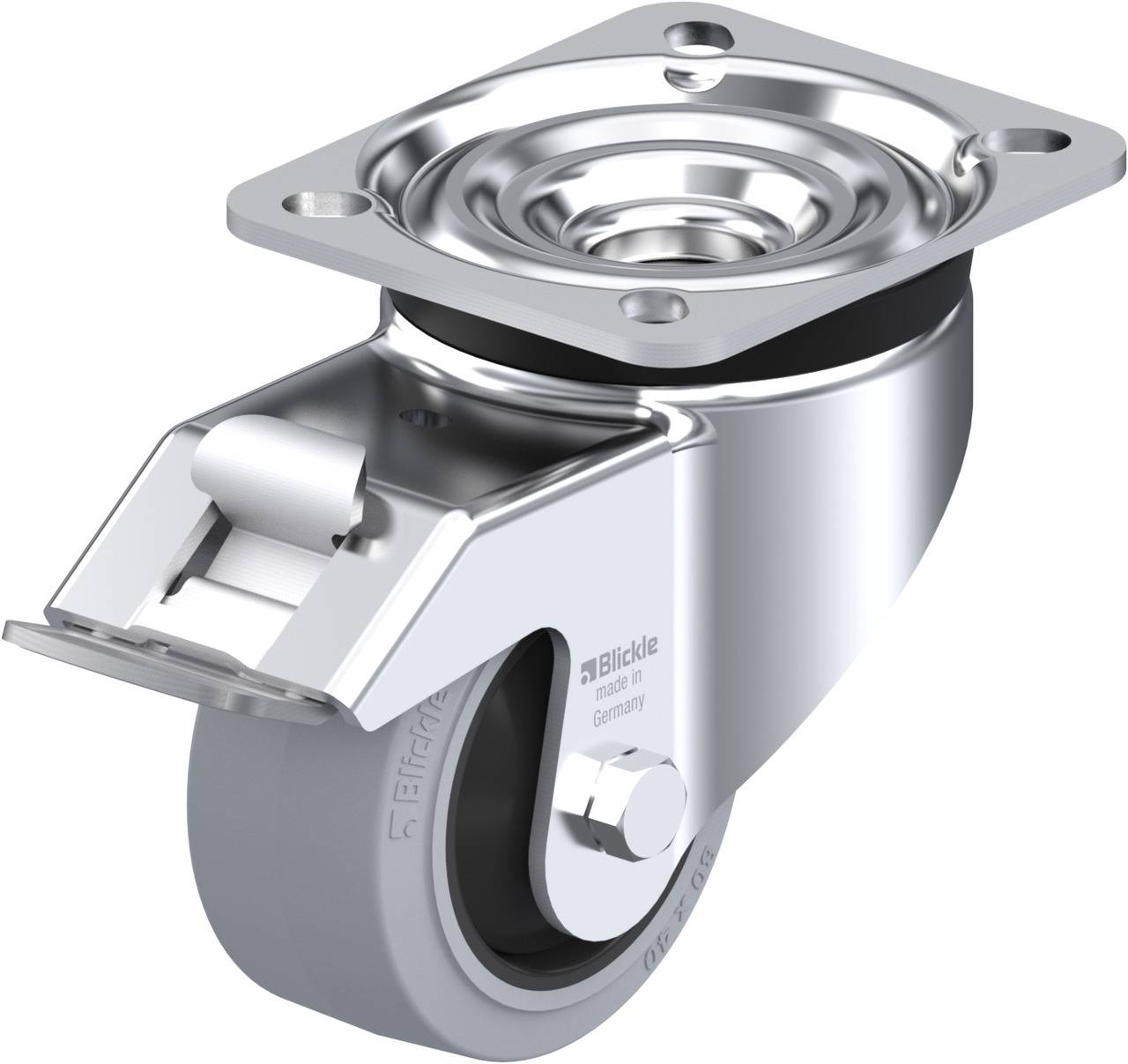 Metallrolle mit feststellbarer Bremse, montiert an einer flachen Platte. Sie hat ein glänzendes Finish und eignet sich für Möbel oder Geräte.